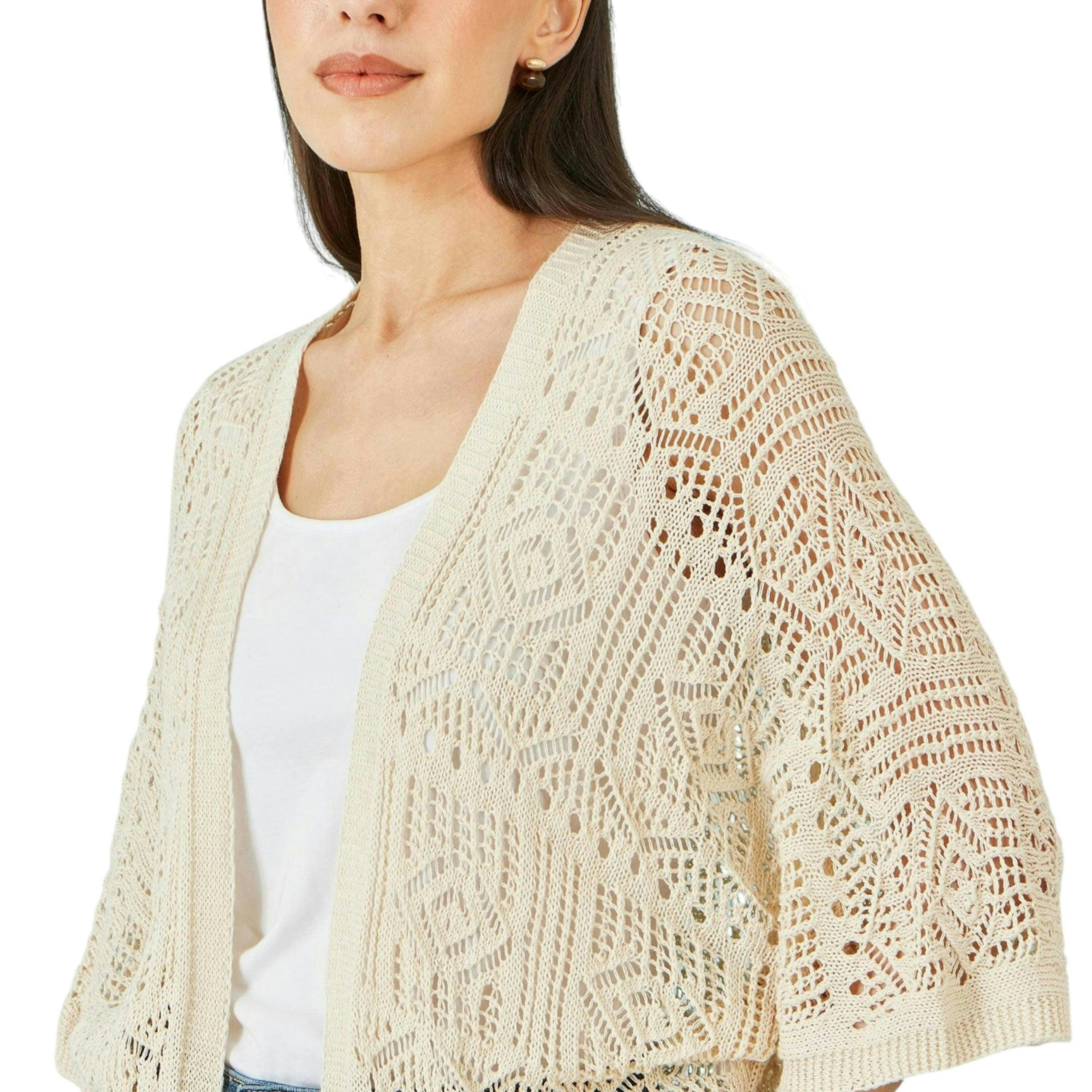 Yumi Ivory Crochet Edge To Edge 3/4 Sleeve Cardigan , view 2 of 5