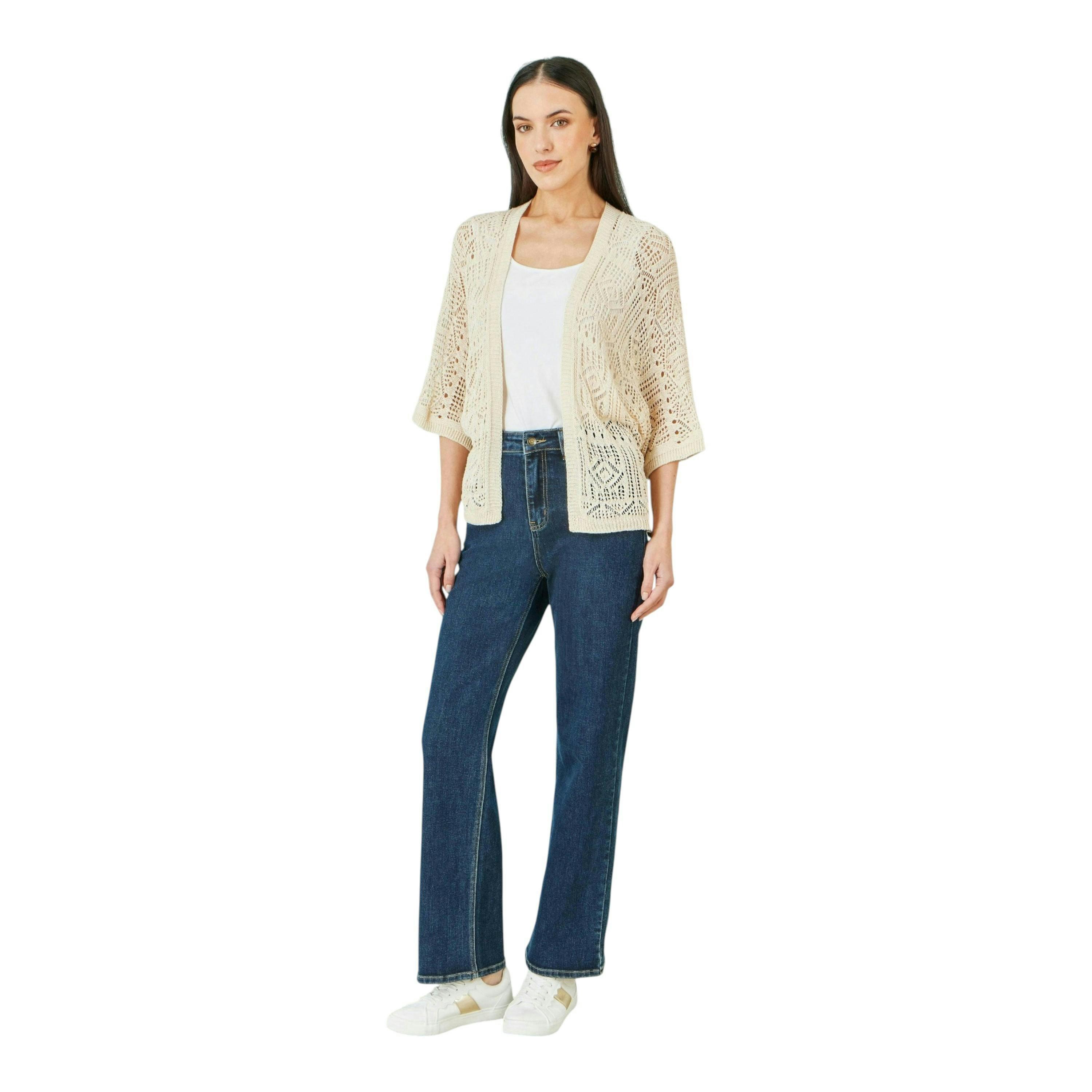 Yumi Ivory Crochet Edge To Edge 3/4 Sleeve Cardigan , view 3 of 5