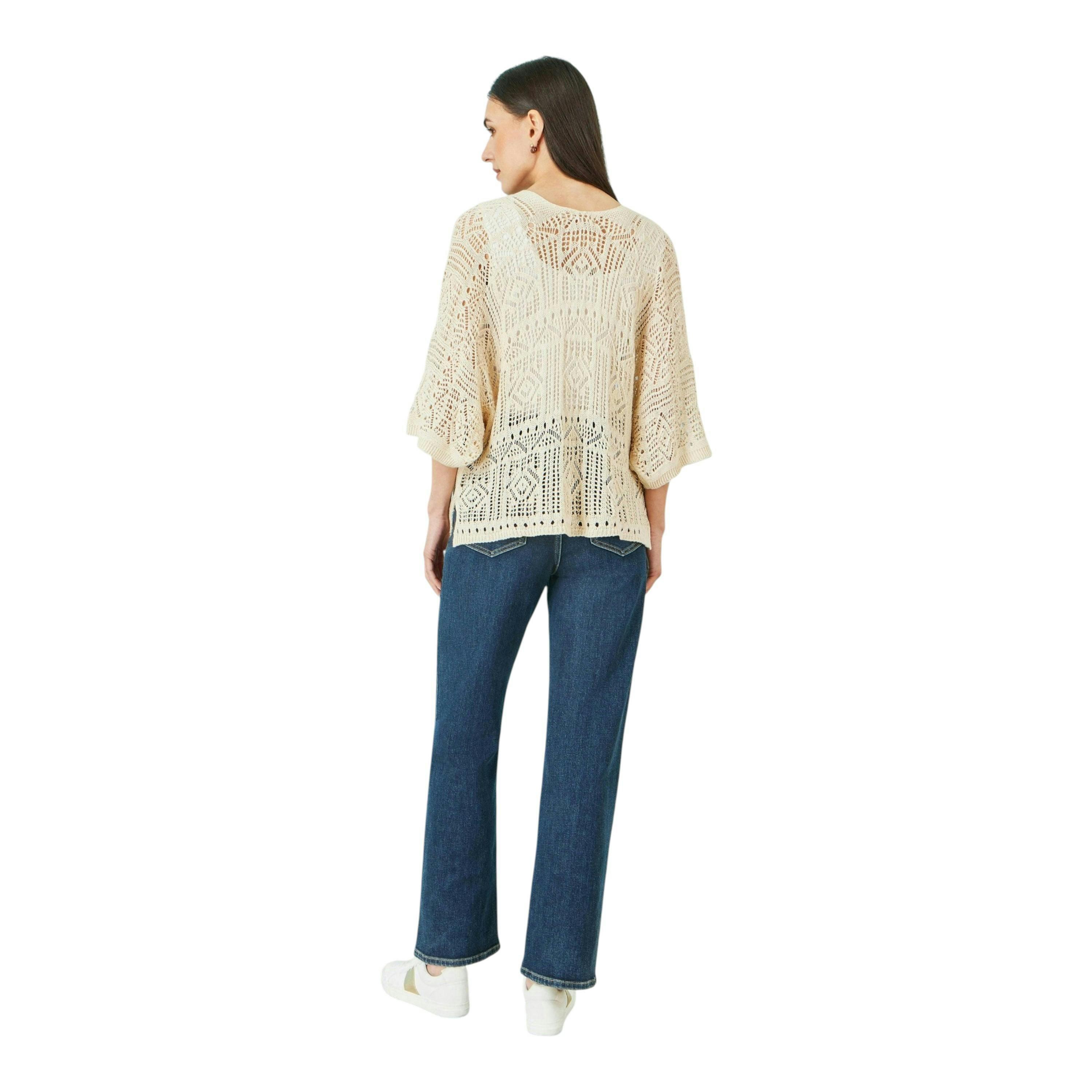 Yumi Ivory Crochet Edge To Edge 3/4 Sleeve Cardigan , view 4 of 5