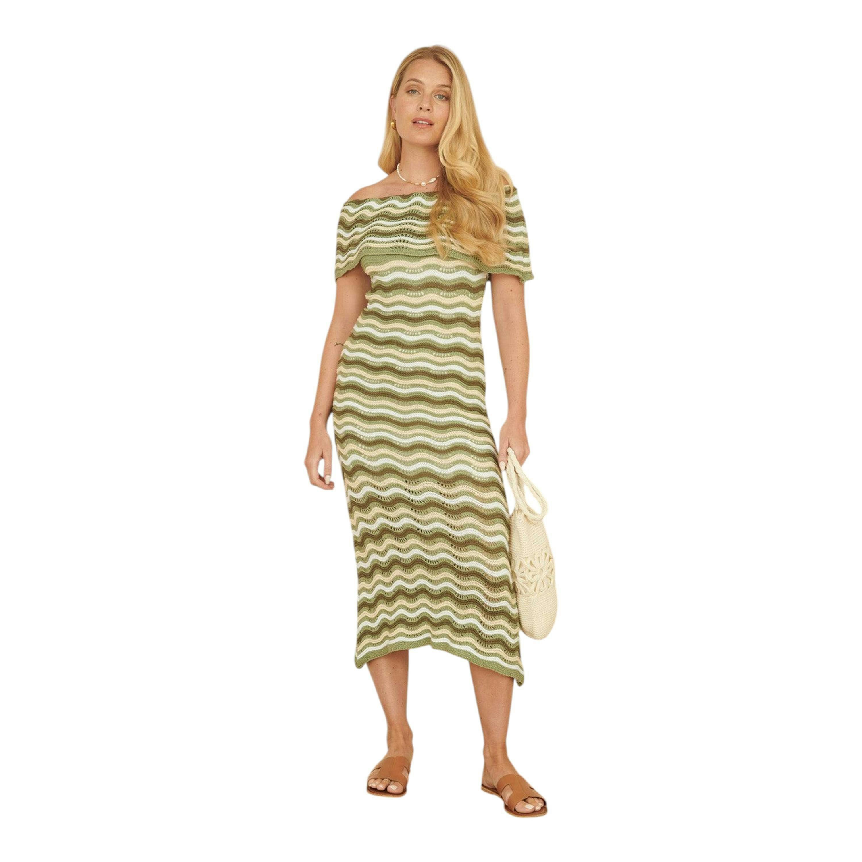 Yumi Green Stripe Crochet Knit Bardot Midi Dress , view 2 of 5