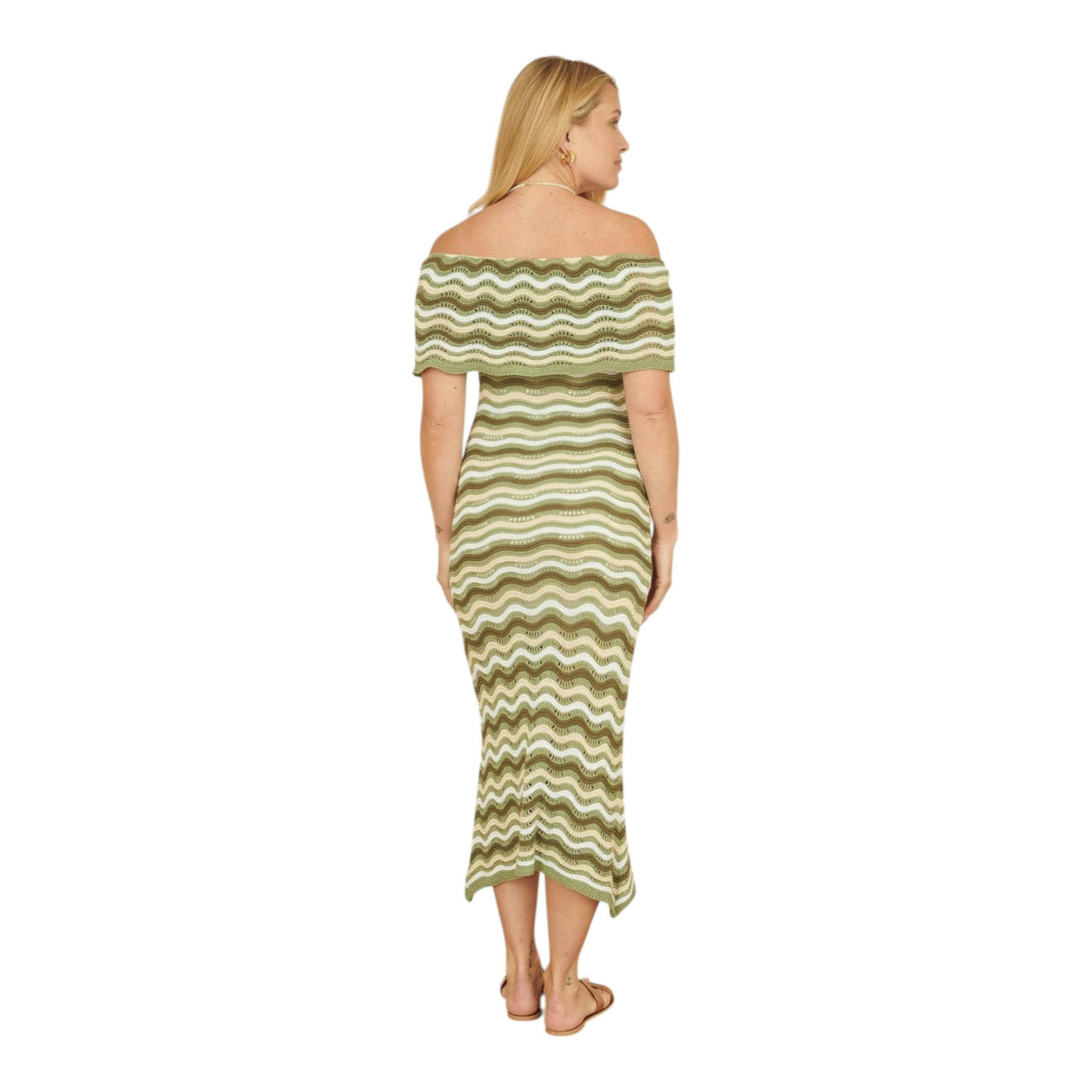 Yumi Green Stripe Crochet Knit Bardot Midi Dress , view 3 of 5