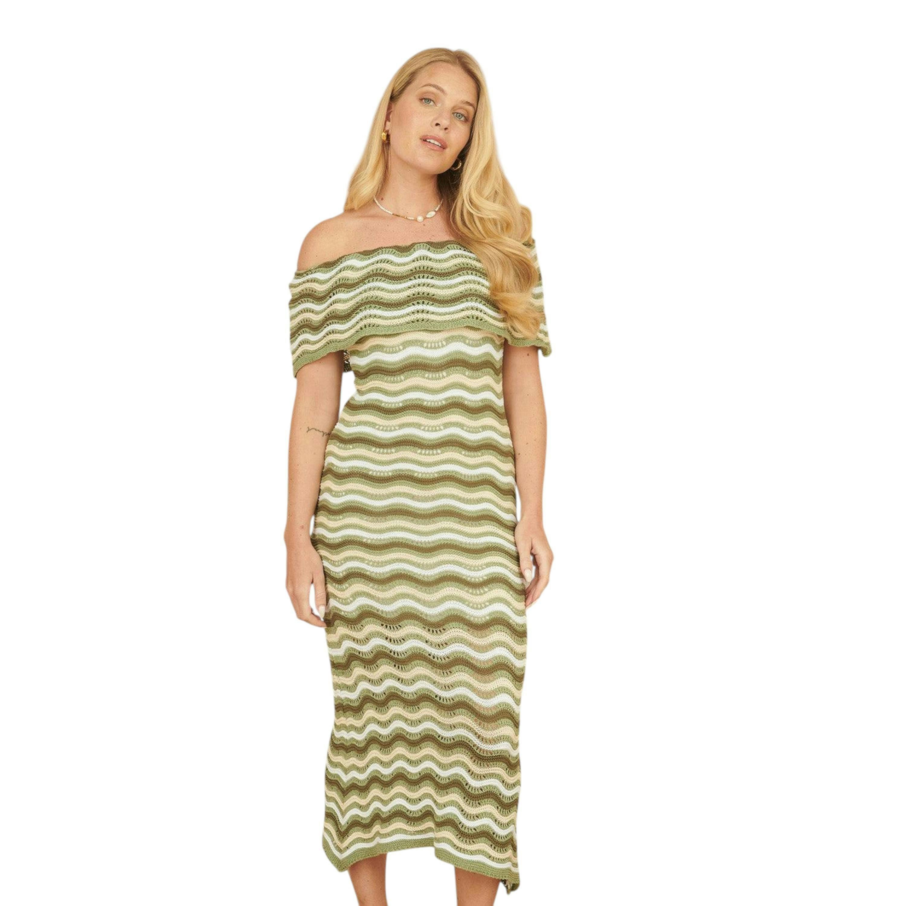 Yumi Green Stripe Crochet Knit Bardot Midi Dress , view 5 of 5