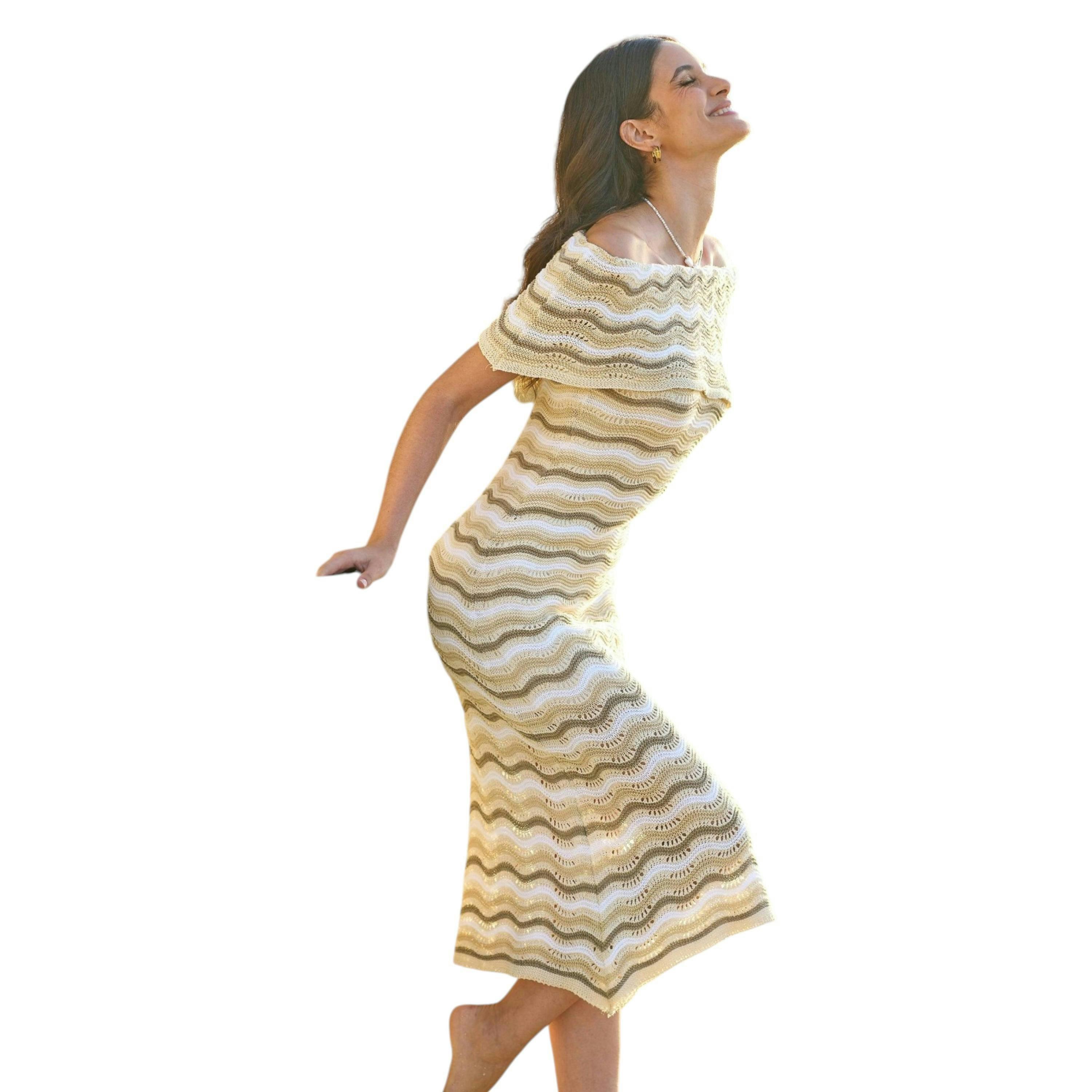 Yumi Beige Stripe Crochet Knit Bardot Midi Dress , view 1 of 4