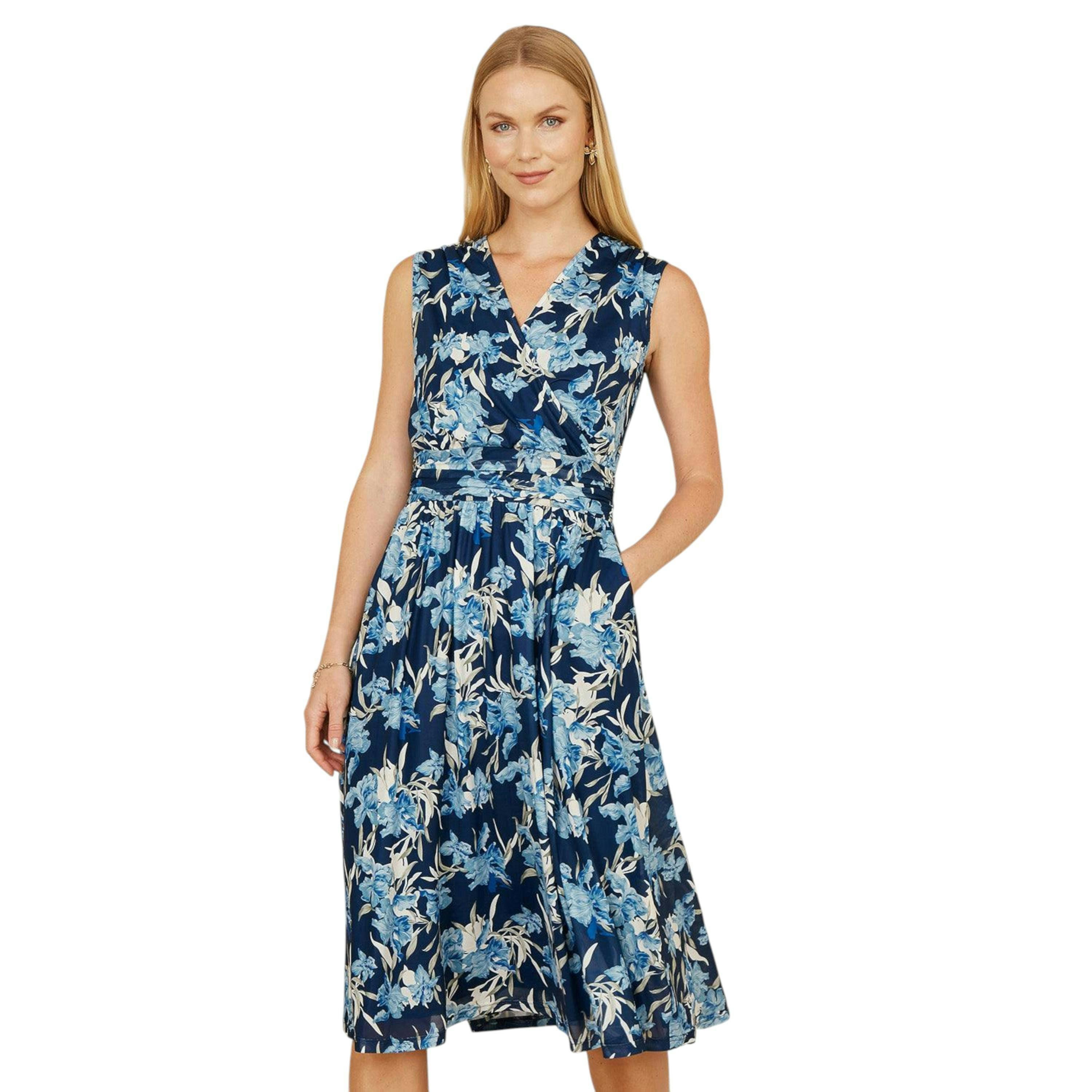 Yumi Blue Floral Mesh Wrap Skater Dress With Pockets , view 1 of 4