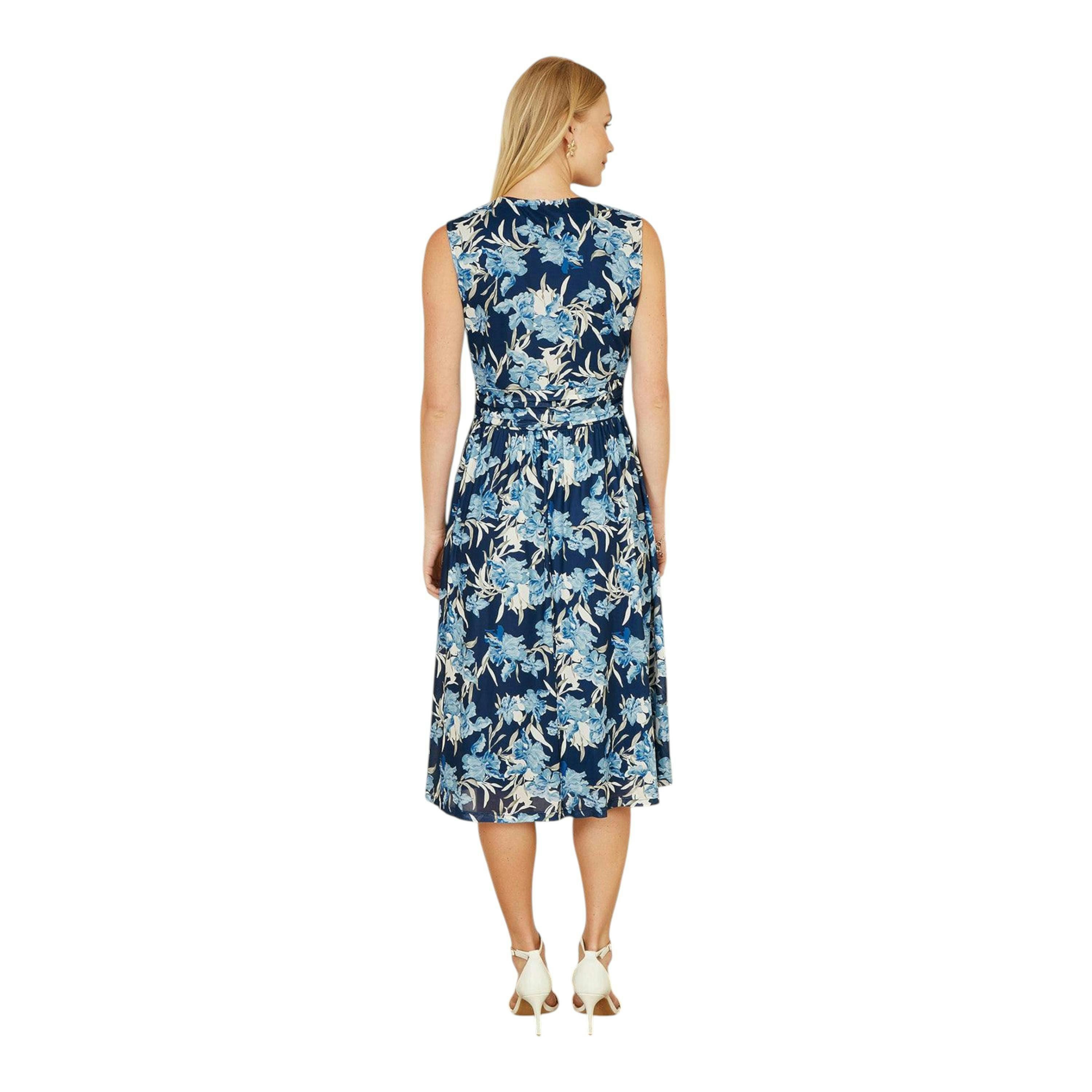 Yumi Blue Floral Mesh Wrap Skater Dress With Pockets , view 3 of 4