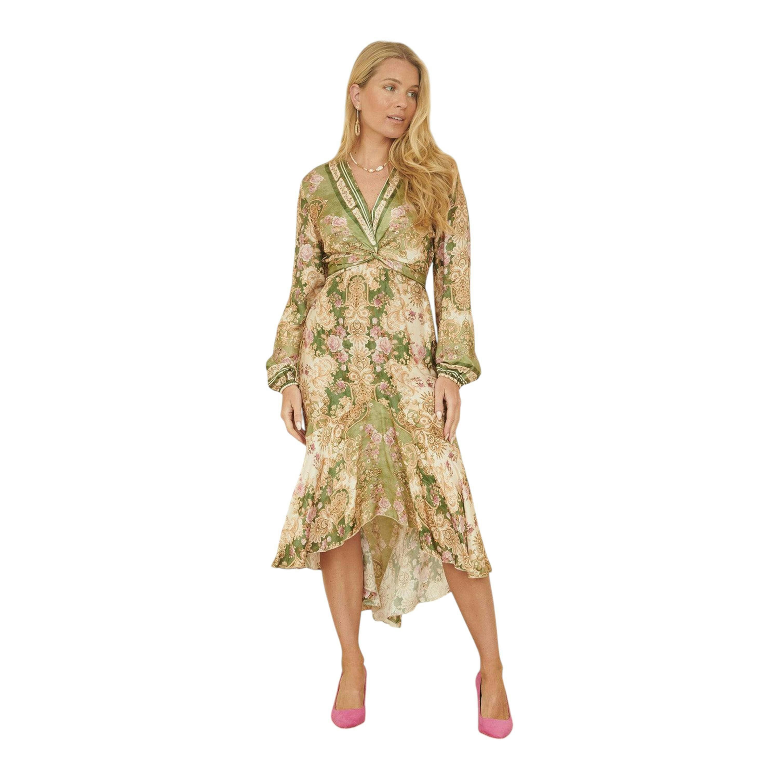 Yumi Green Viscose Scarf Print Tie Front Midi Dress With Dip Hem , view 1 of 5