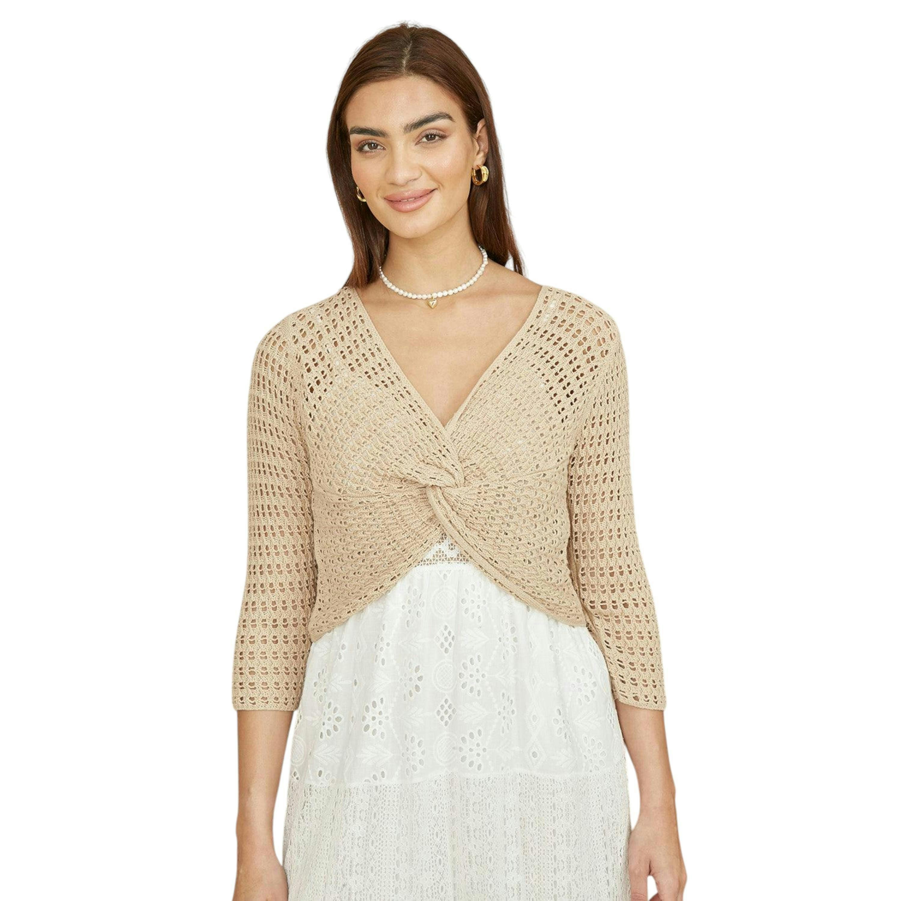 Yumi Beige Cotton Crochet Knitted Top , view 1 of 5