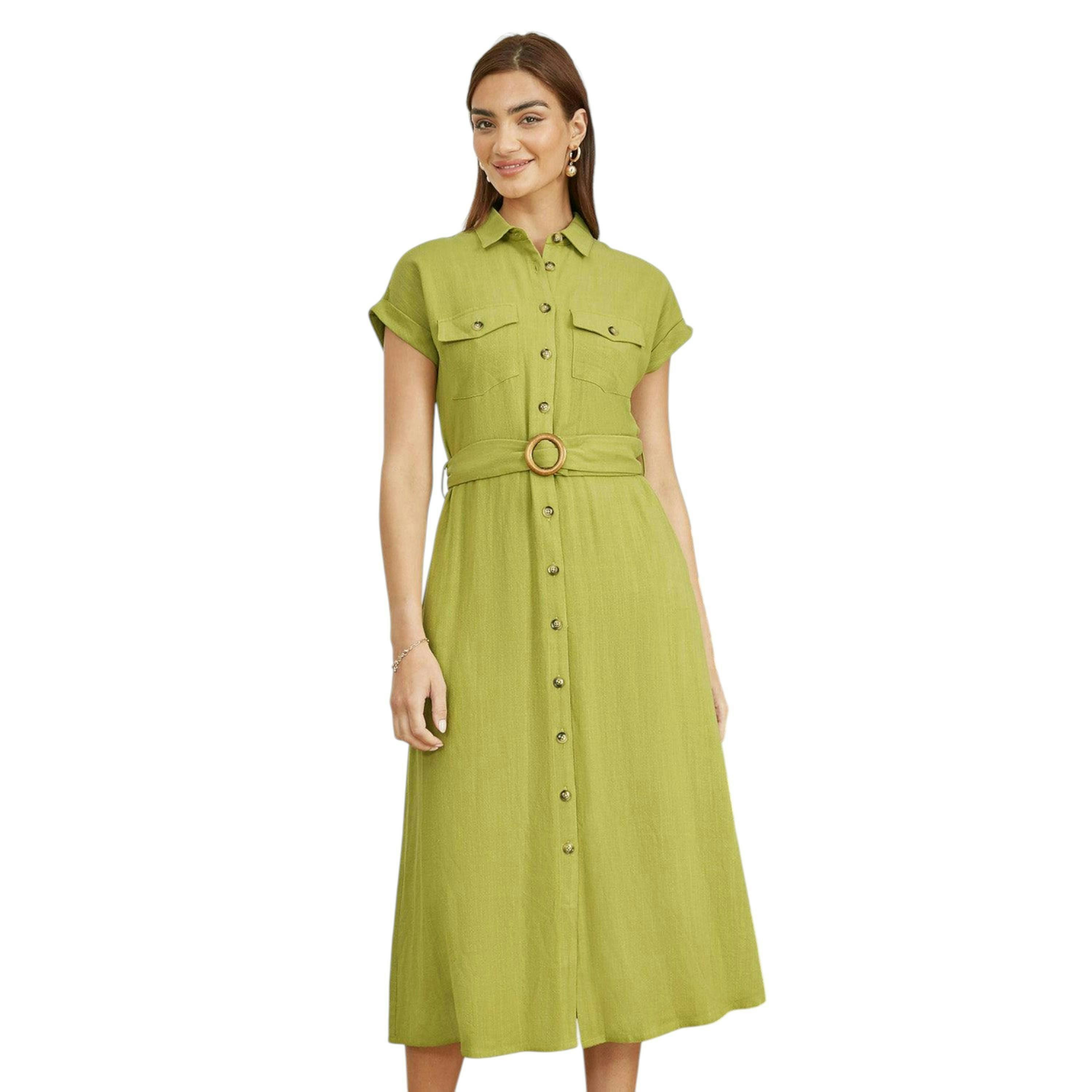 Yumi Green Viscose Linen Look Midi Shirt Dress With Wooden Belt , view 1 of 5