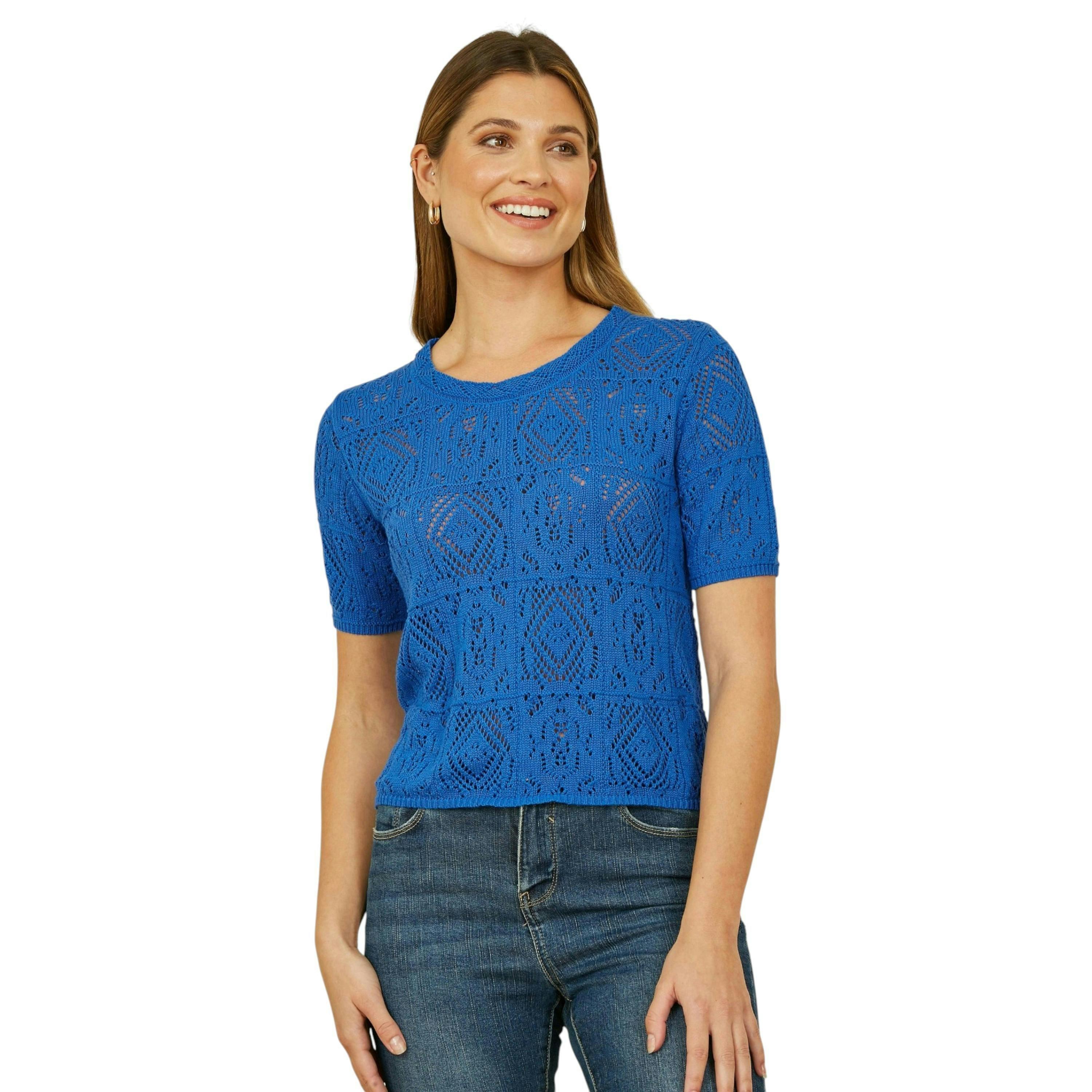 Yumi Blue Cotton Crochet Knitted Top , view 1 of 3