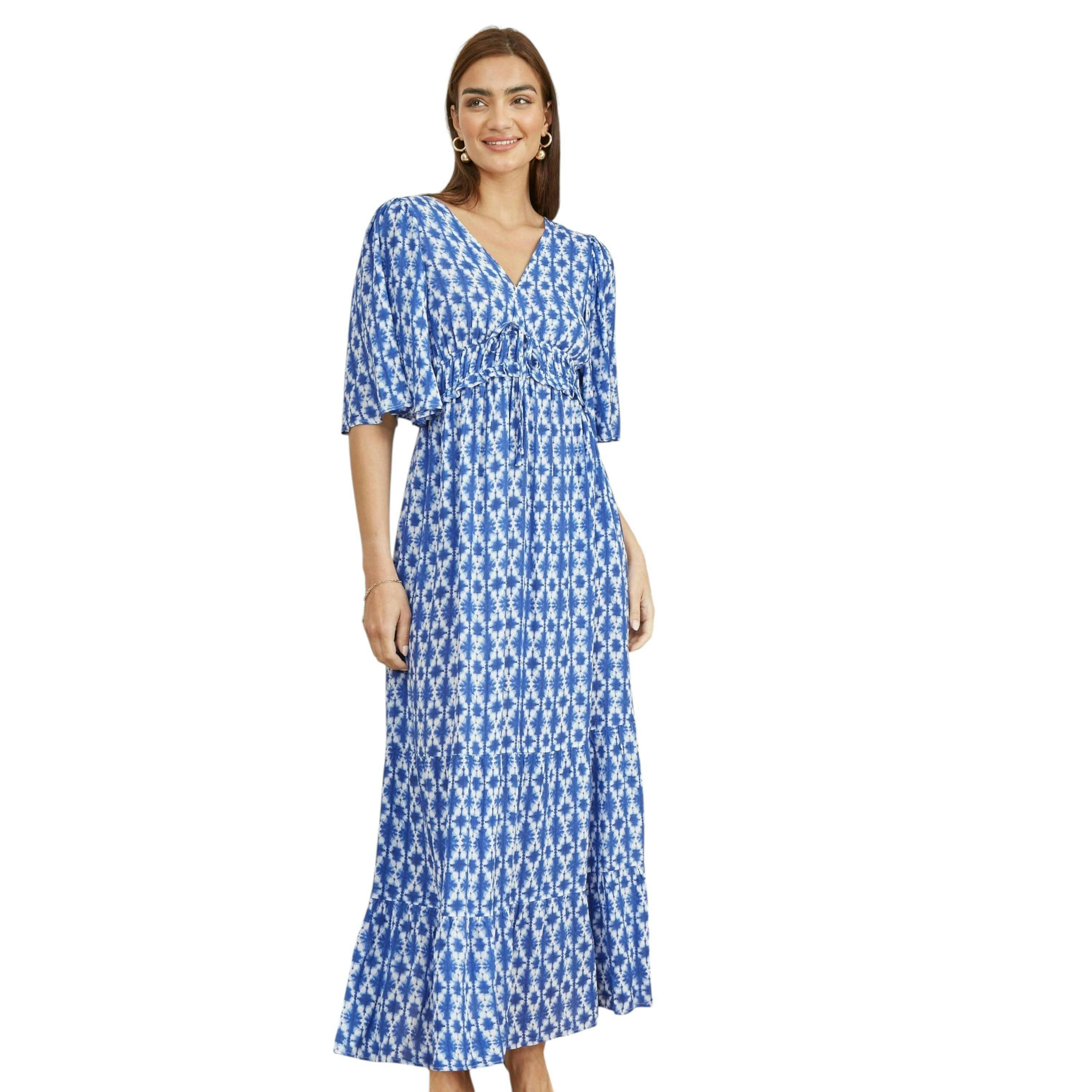Yumi Blue Aztec Print Maxi Dress With Cross Over Back , view 1 of 6