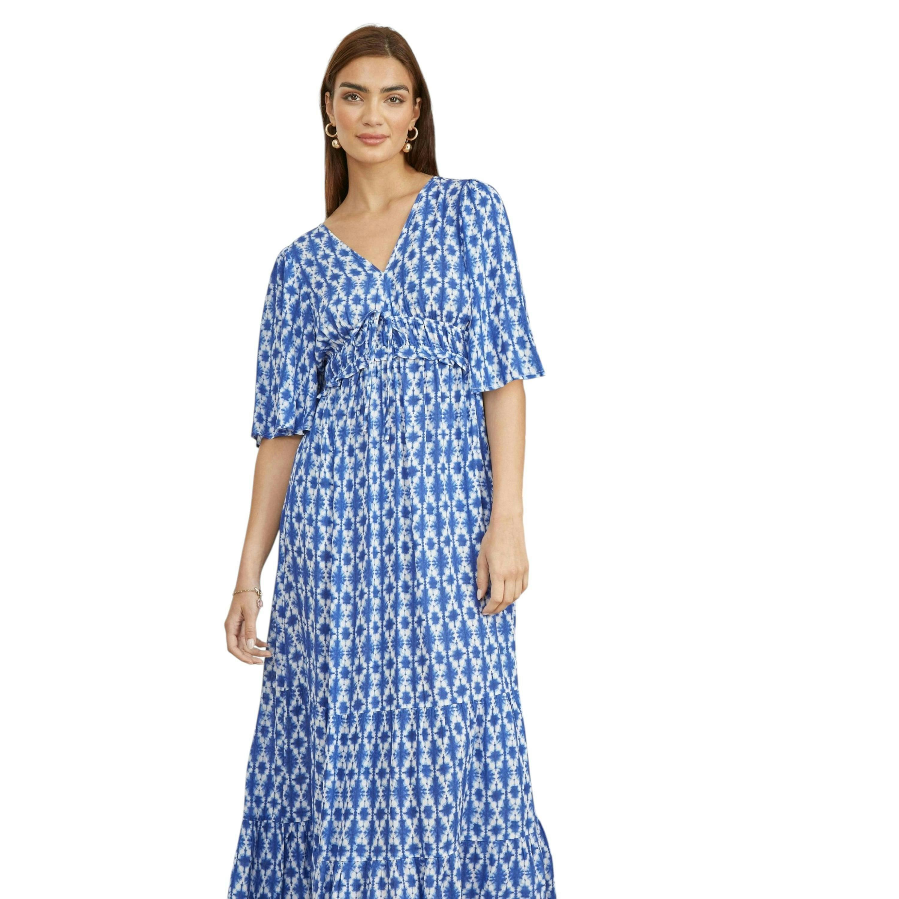 Yumi Blue Aztec Print Maxi Dress With Cross Over Back , view 3 of 6