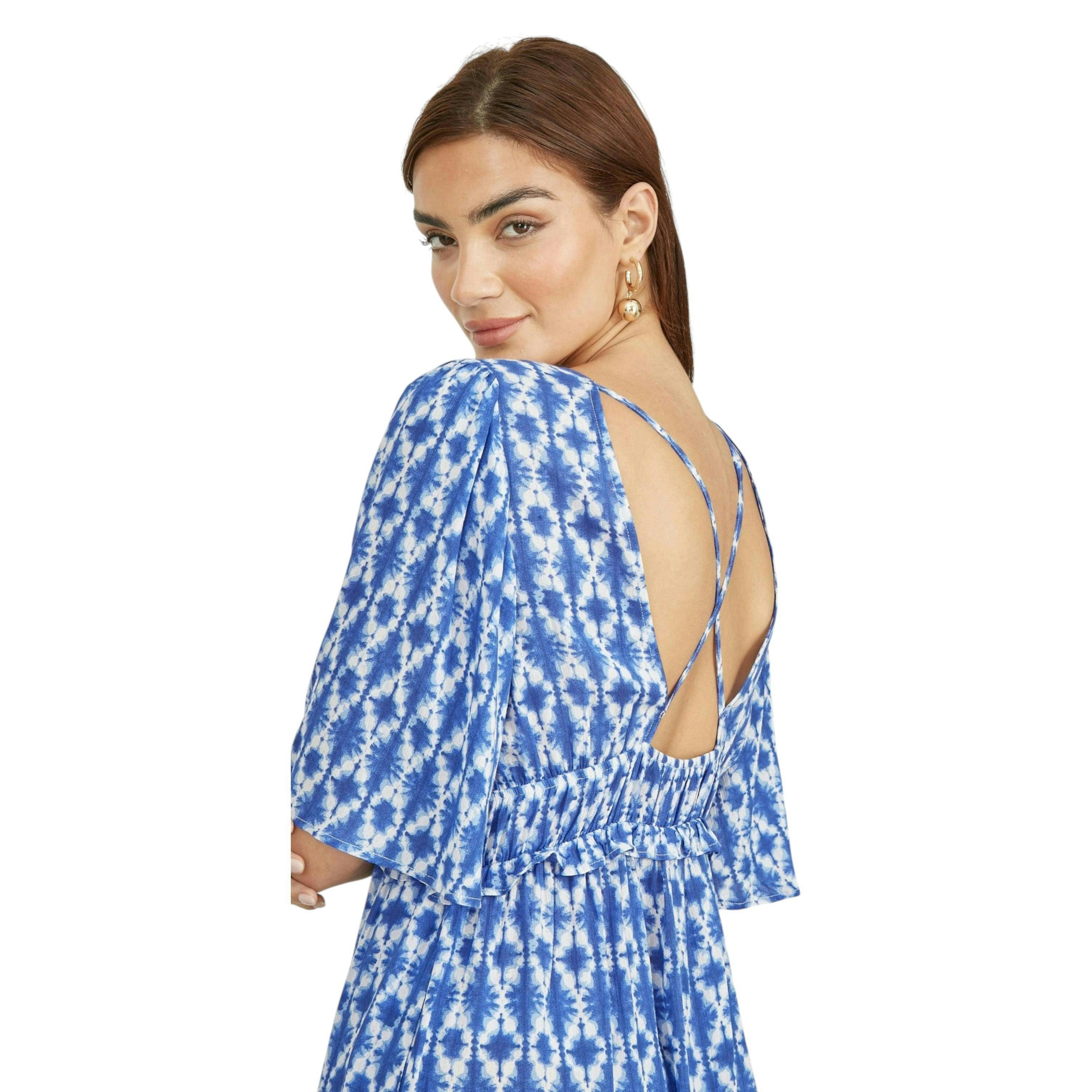 Yumi Blue Aztec Print Maxi Dress With Cross Over Back , view 4 of 6