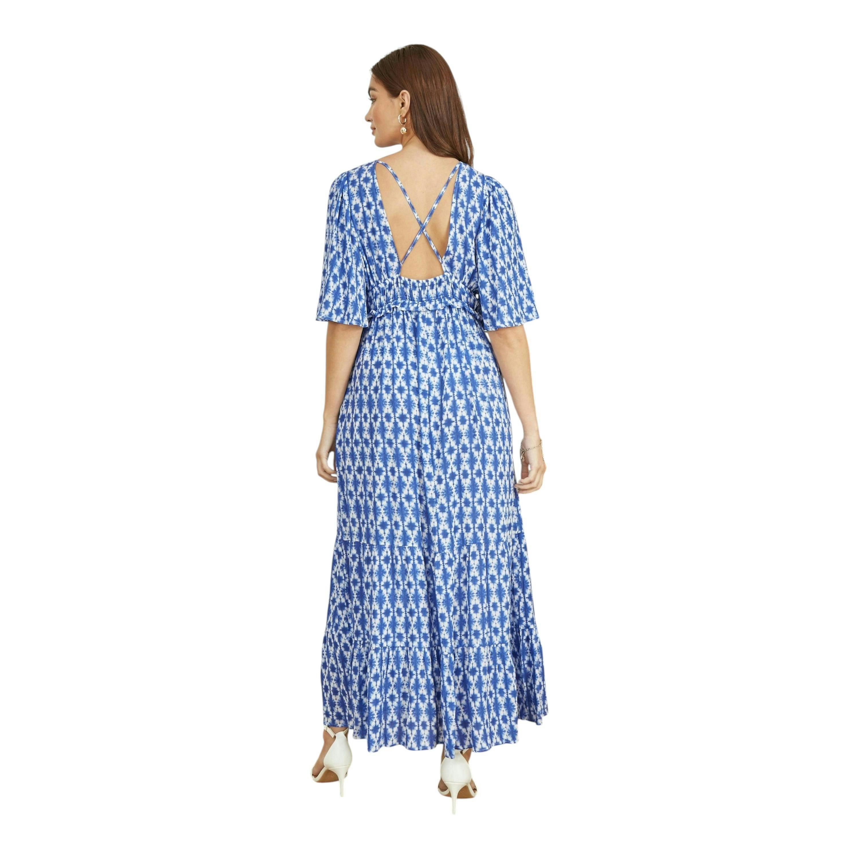Yumi Blue Aztec Print Maxi Dress With Cross Over Back , view 5 of 6