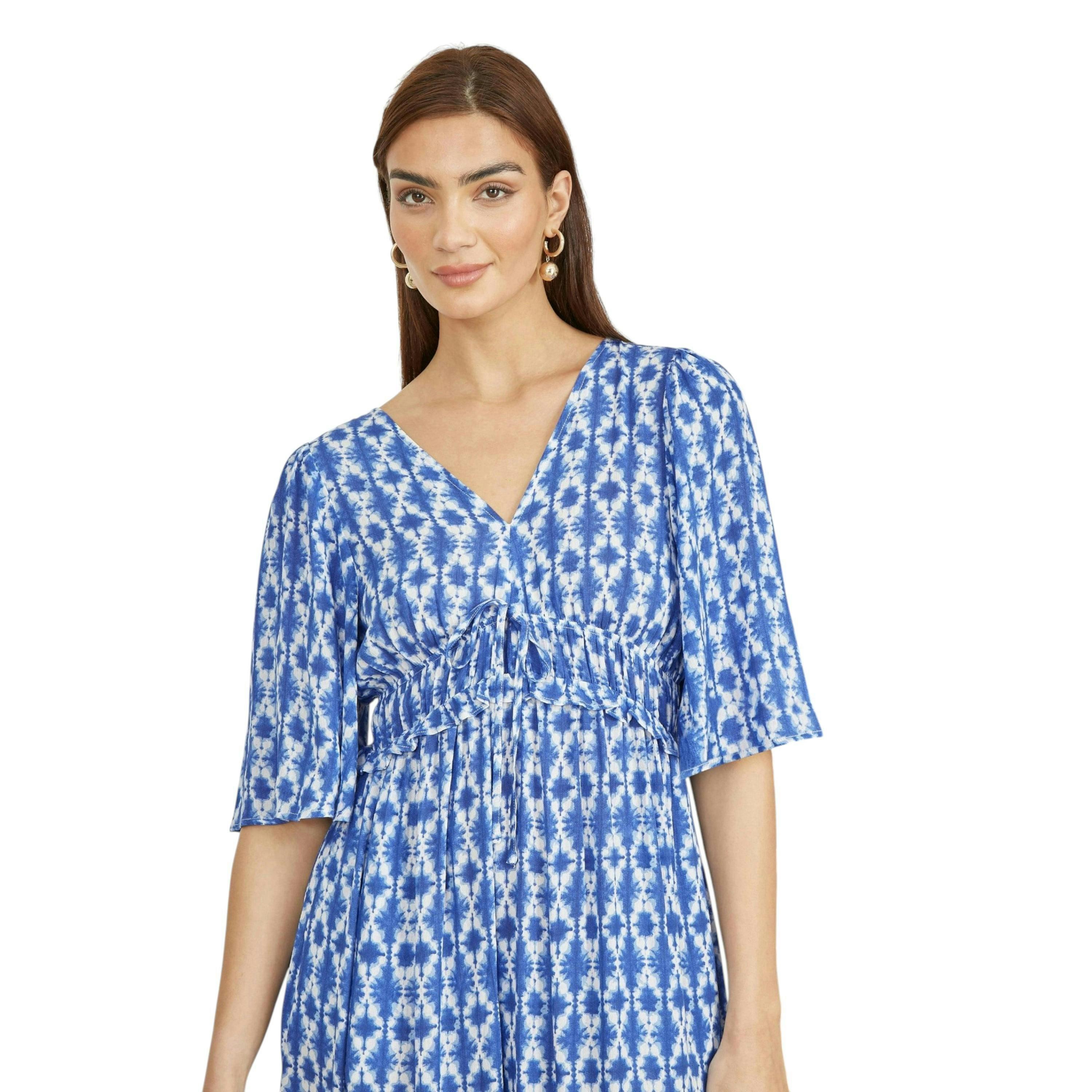 Yumi Blue Aztec Print Maxi Dress With Cross Over Back , view 6 of 6