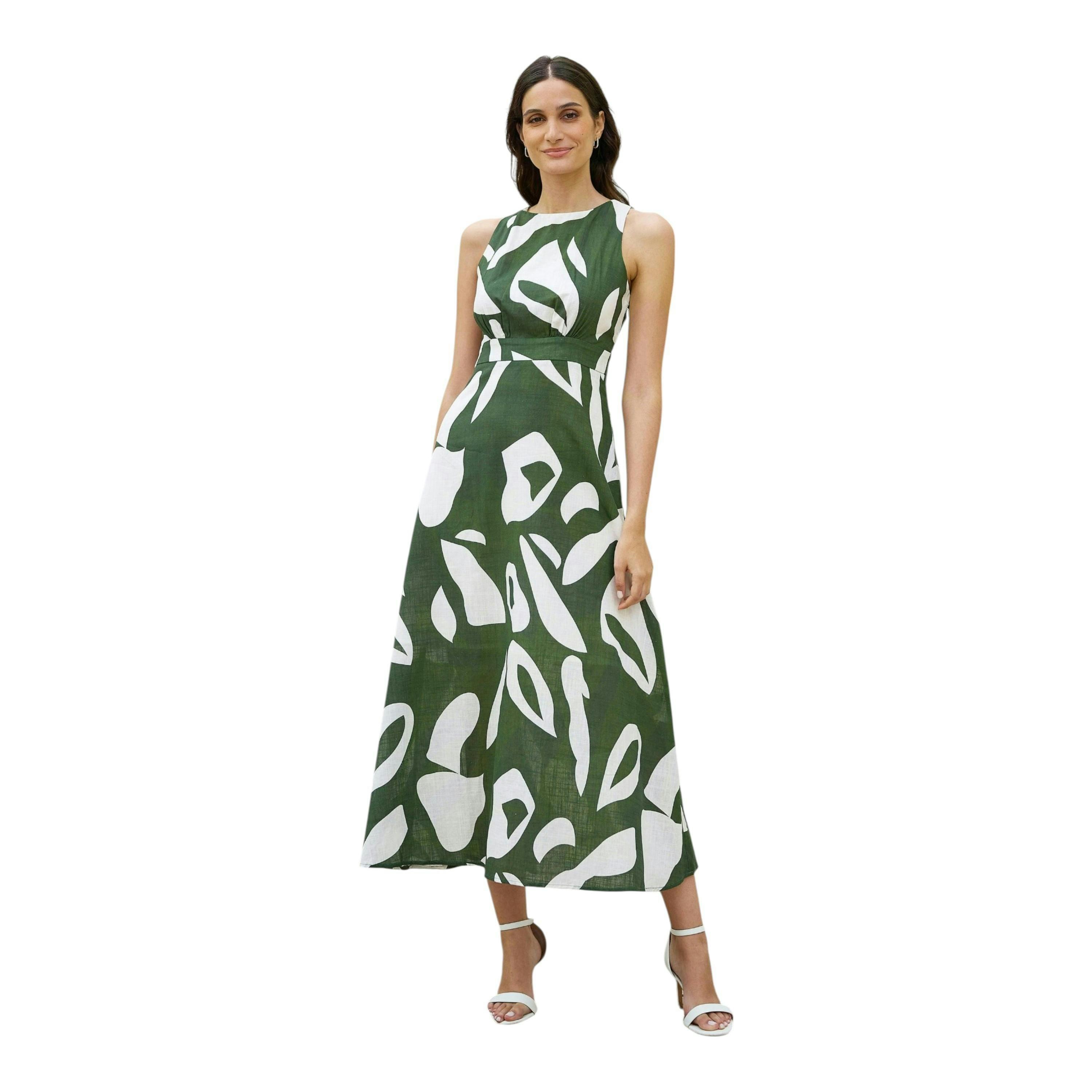 Yumi Green Cotton Abstract Print Maxi Dress With Tie Back , view 1 of 6
