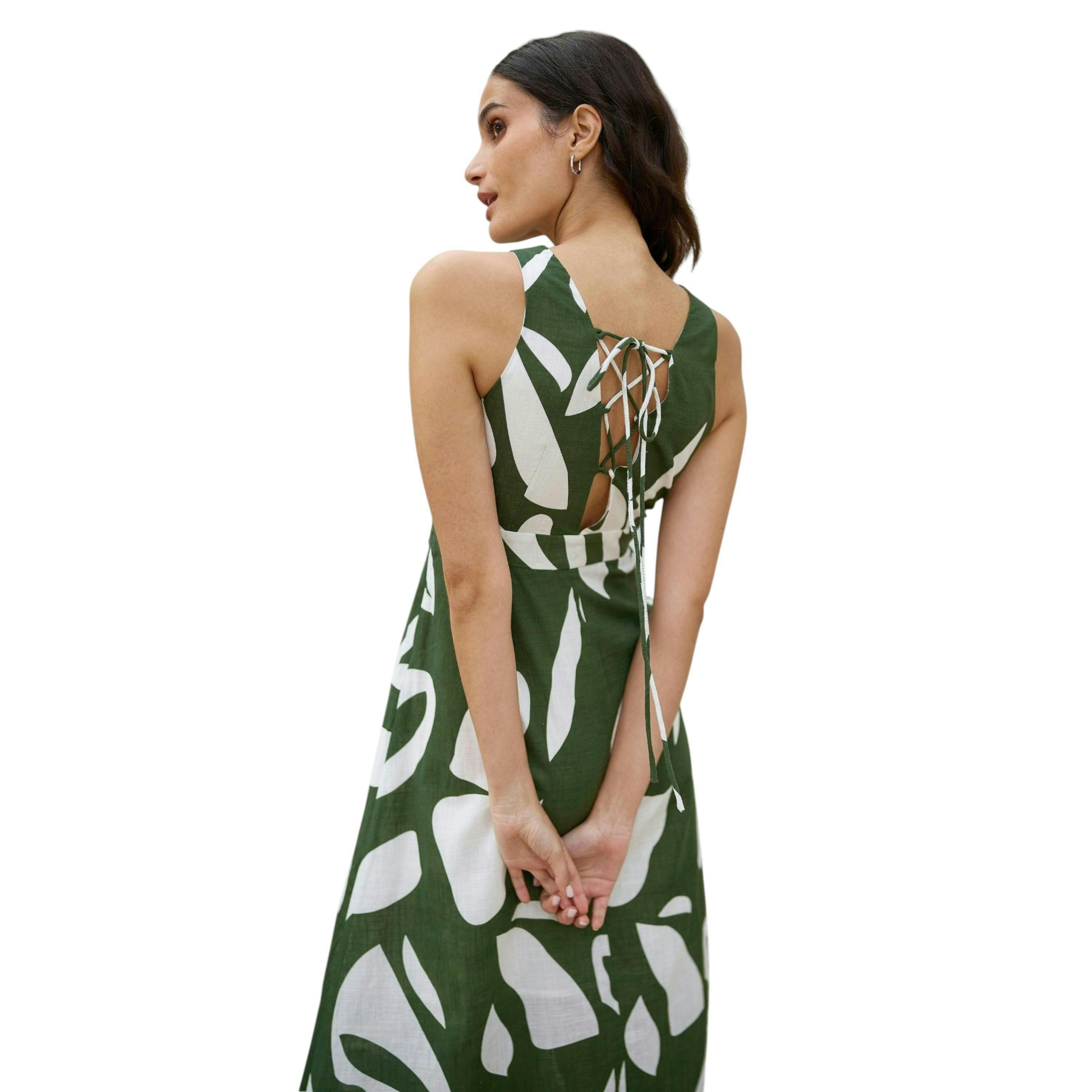 Yumi Green Cotton Abstract Print Maxi Dress With Tie Back , view 4 of 6