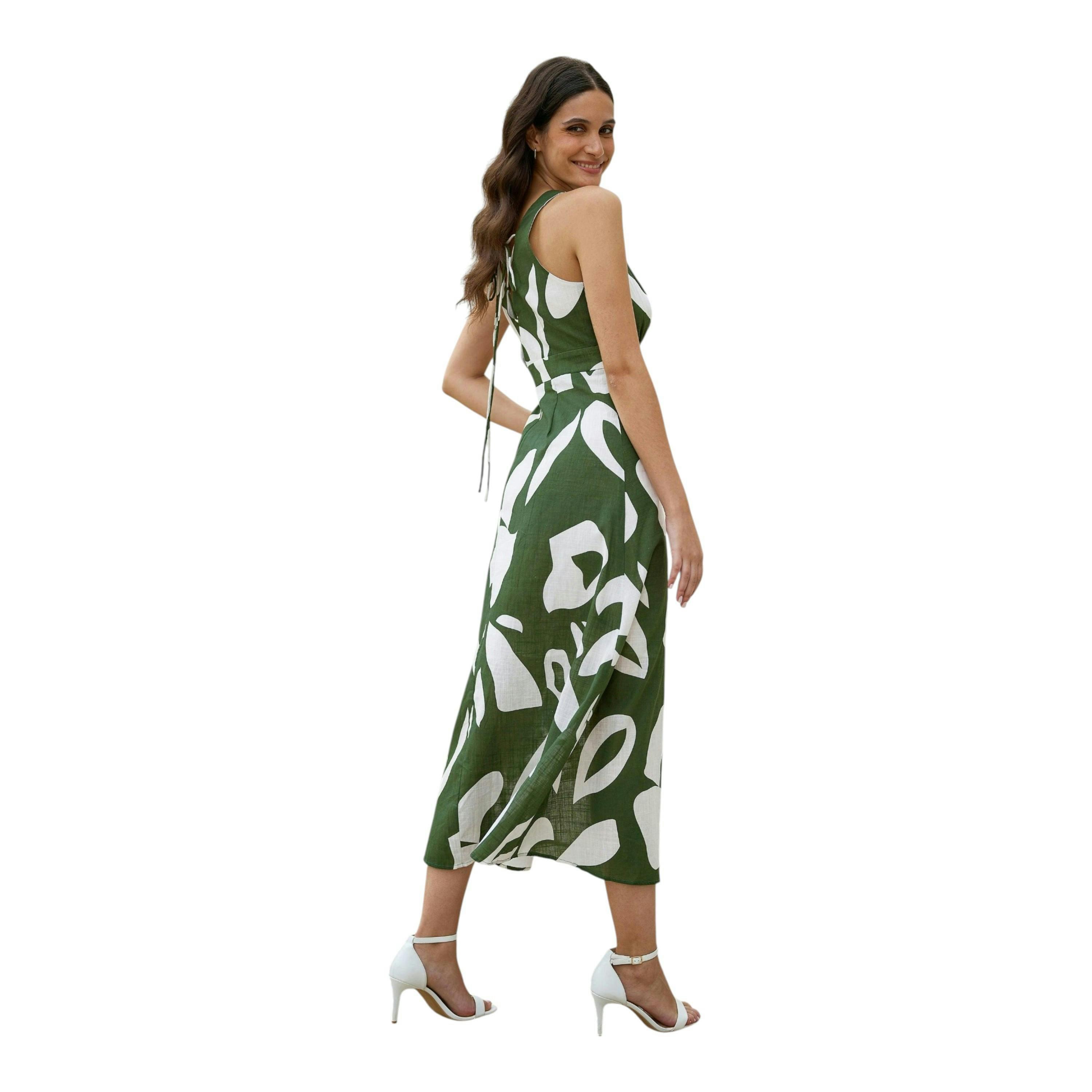 Yumi Green Cotton Abstract Print Maxi Dress With Tie Back , view 5 of 6