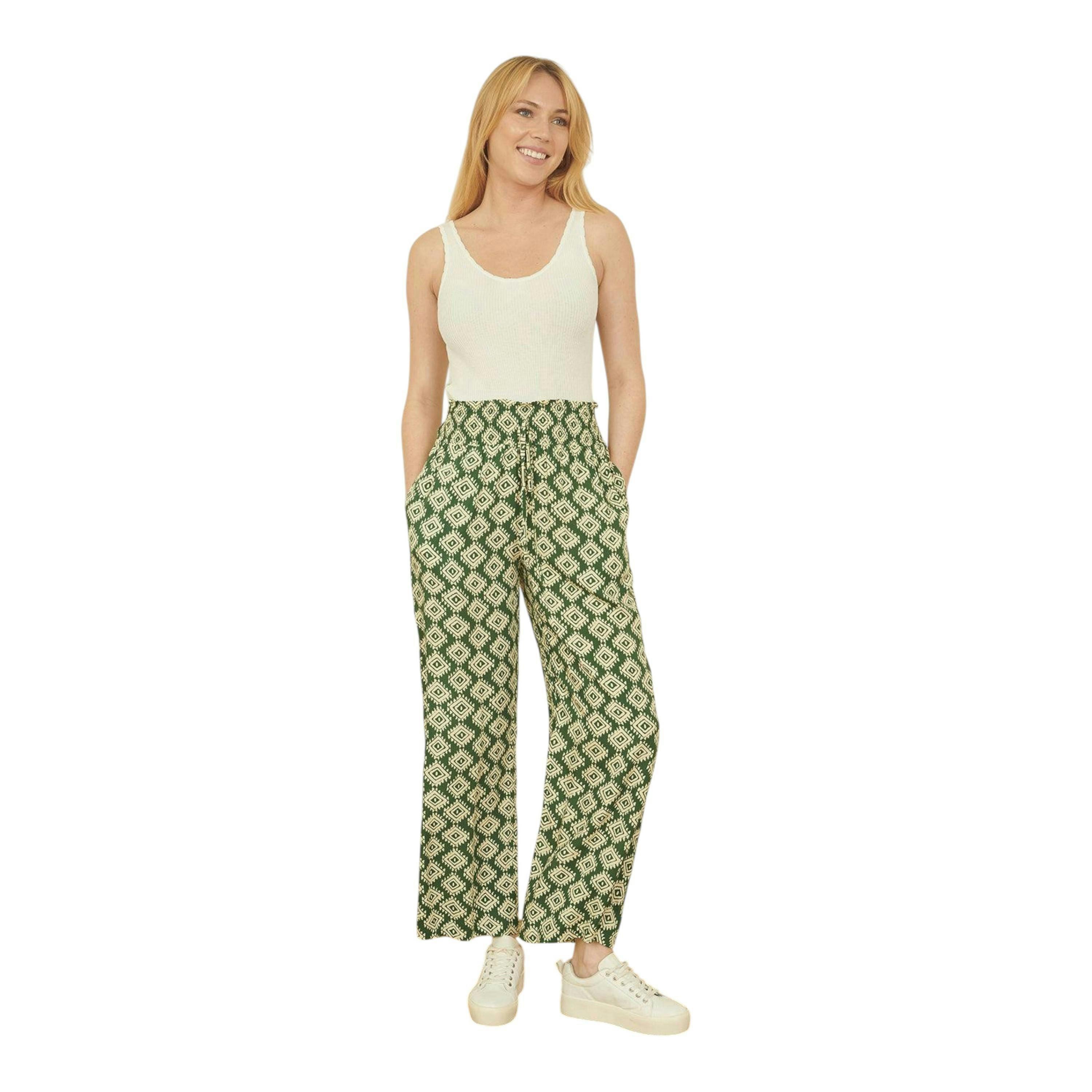 Yumi Green Geo Print Relaxed Fit Trousers , view 1 of 4