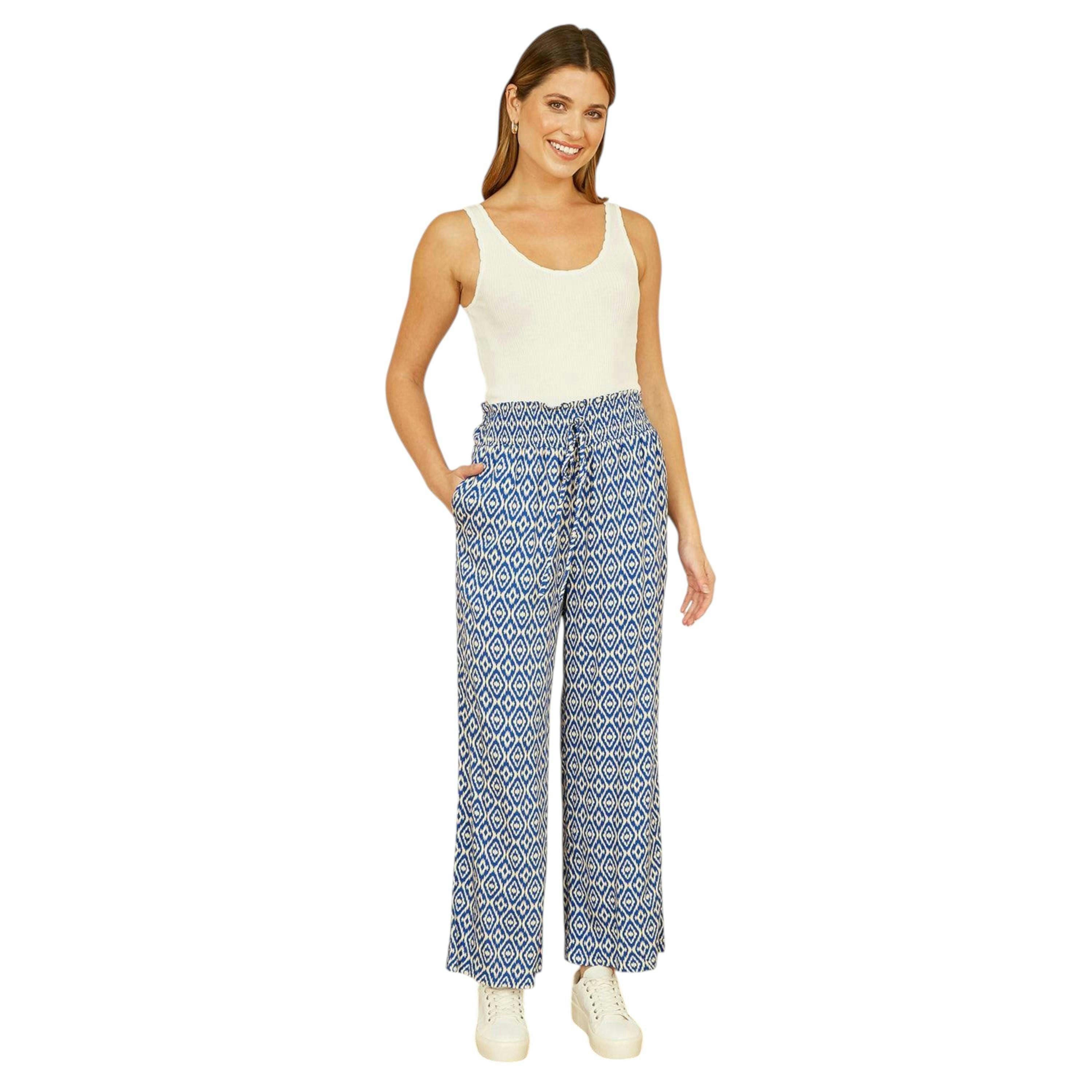 Yumi Blue Geo Print Relaxed Fit Trousers , view 1 of 3
