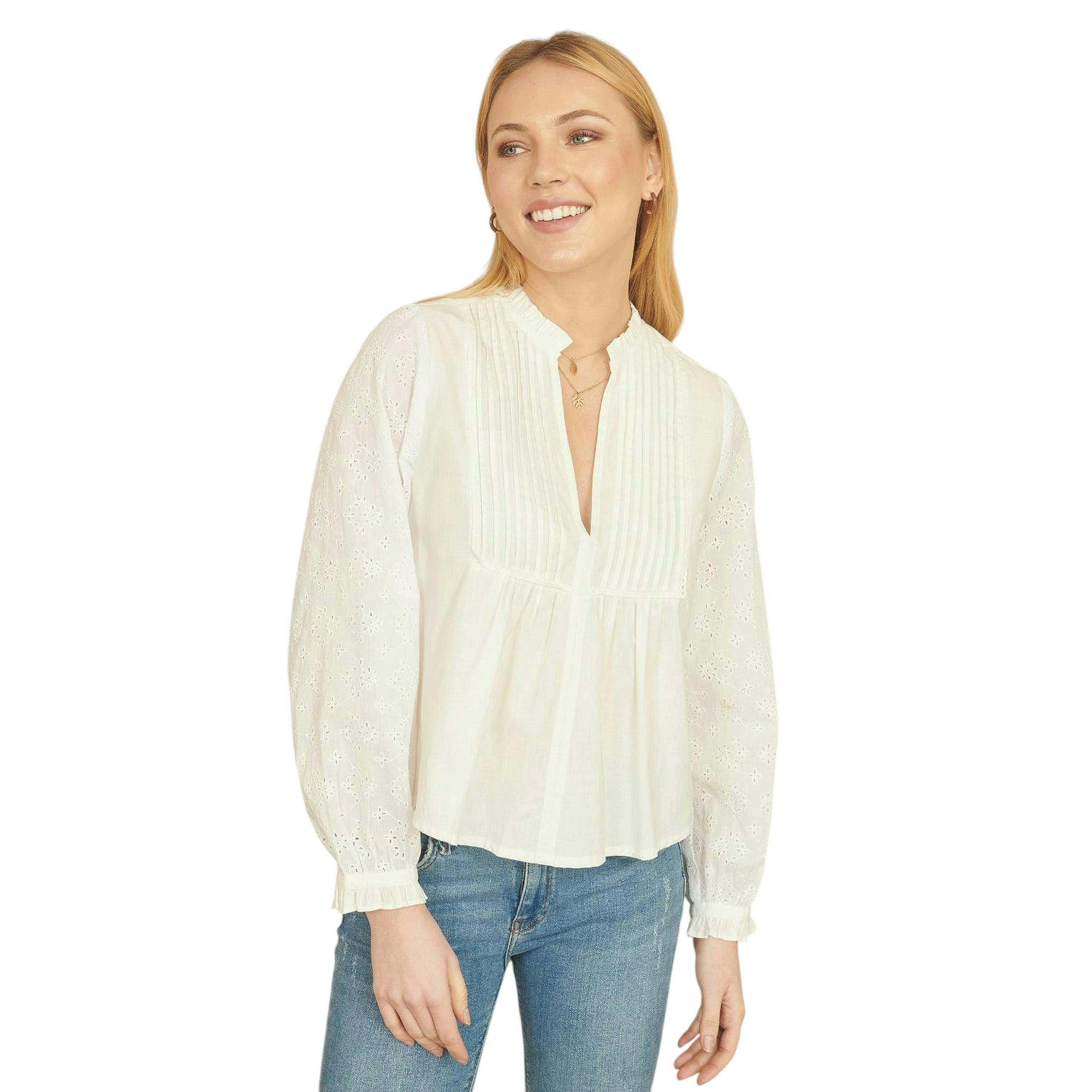 Yumi White Pleated Cotton Bib Shirt , view 1 of 5