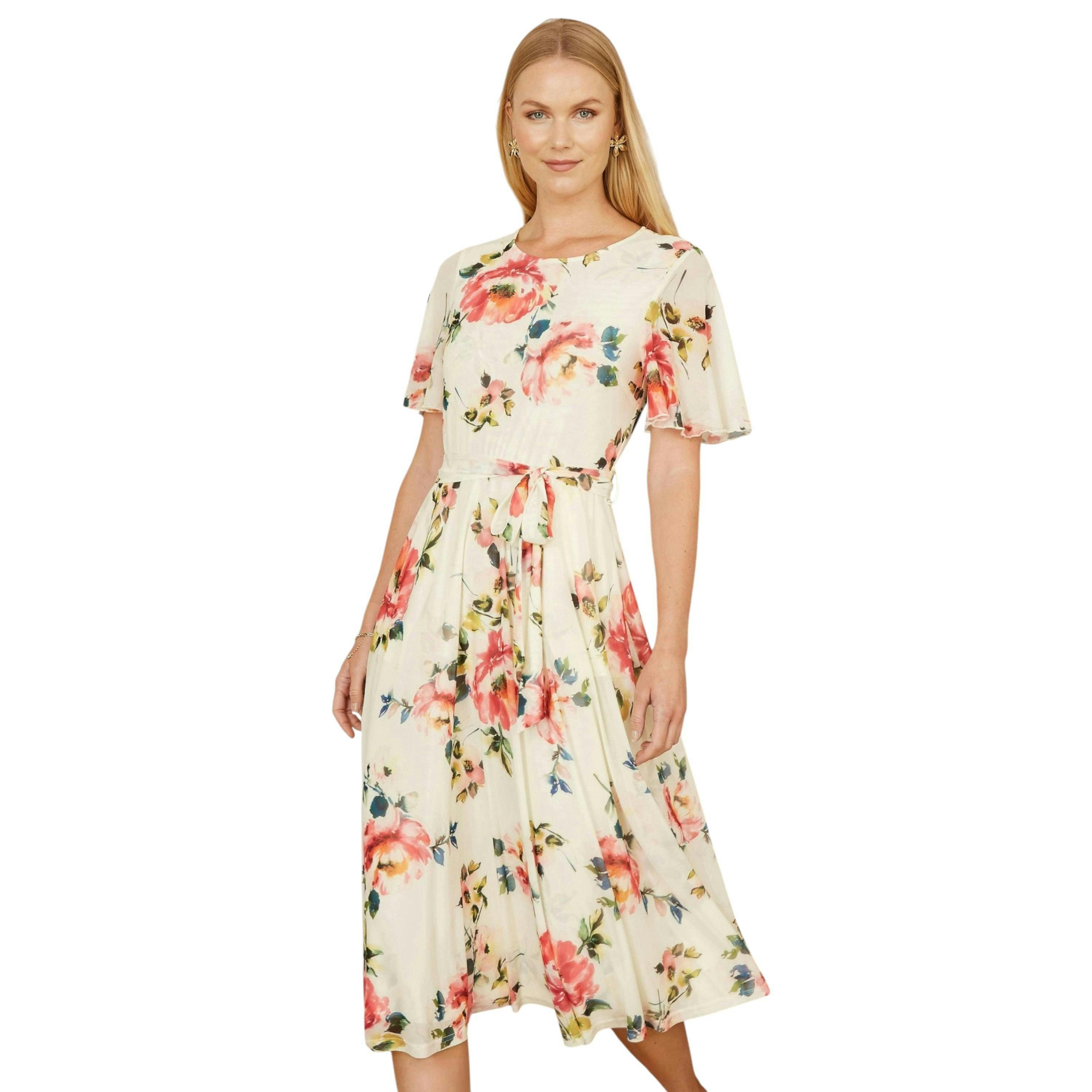 Yumi Ivory Mesh Floral Print Midi Dress With Angel Sleeves , view 1 of 5