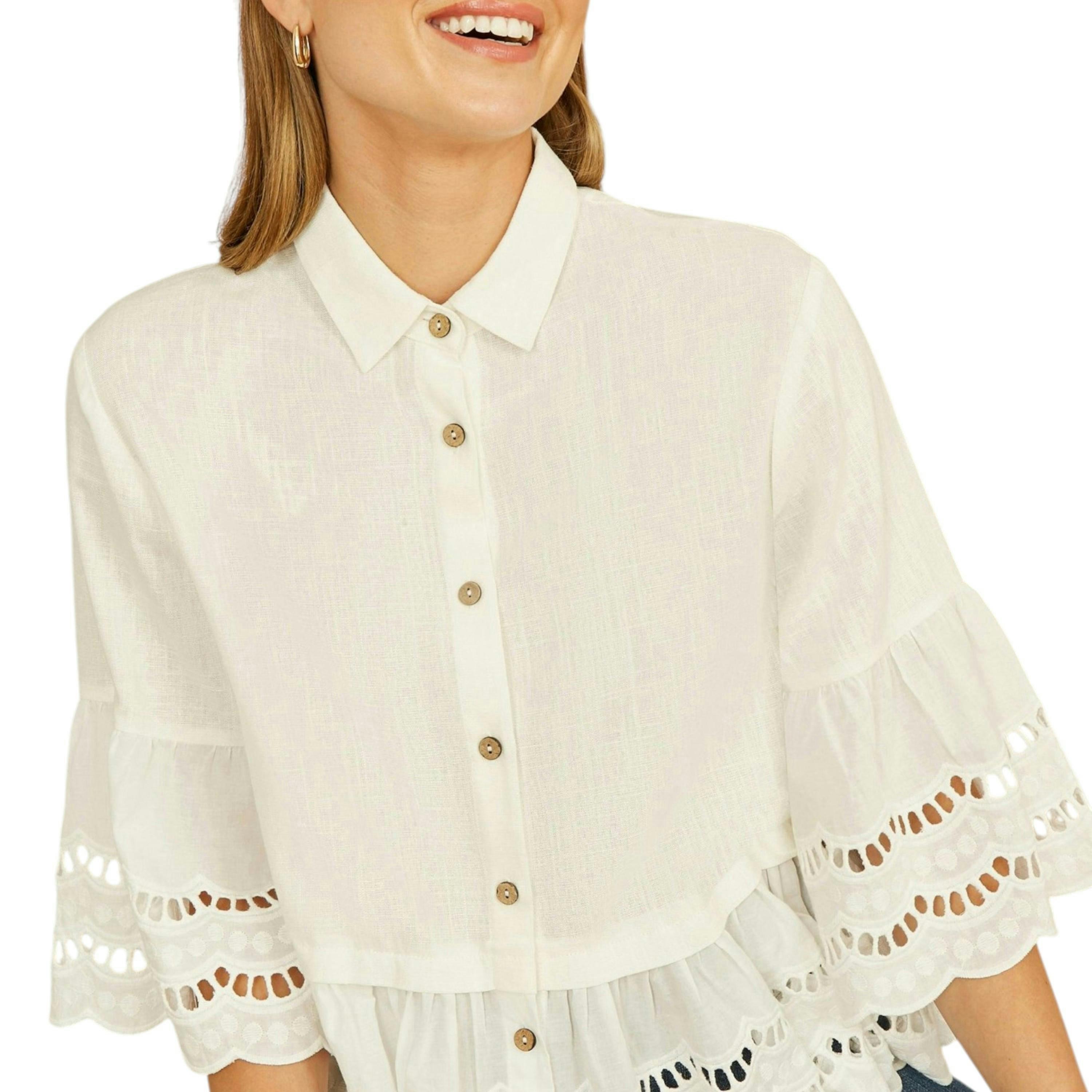 Yumi White Linen Relaxed Shirt With Scallop Trims , view 1 of 4