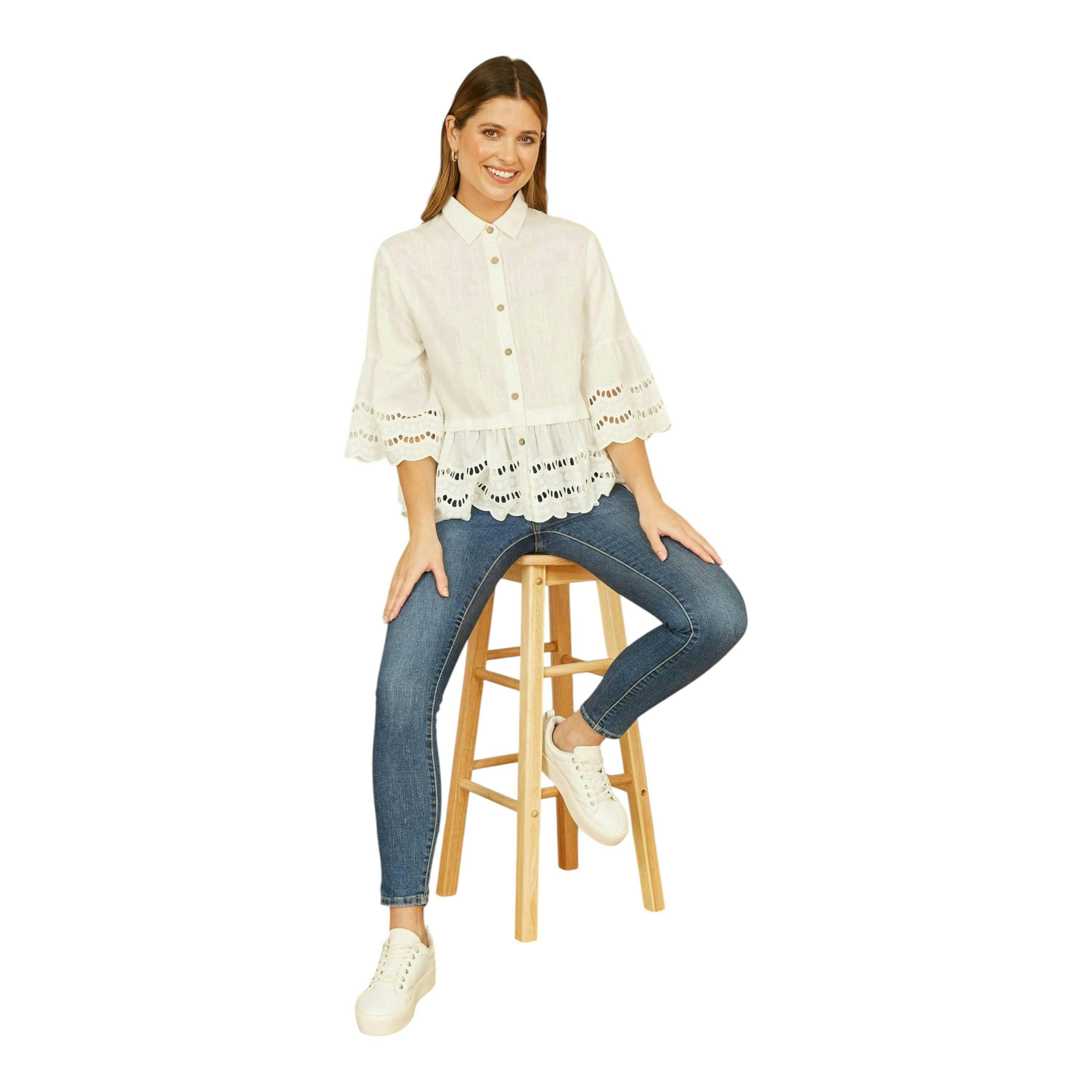 Yumi White Linen Relaxed Shirt With Scallop Trims , view 2 of 4