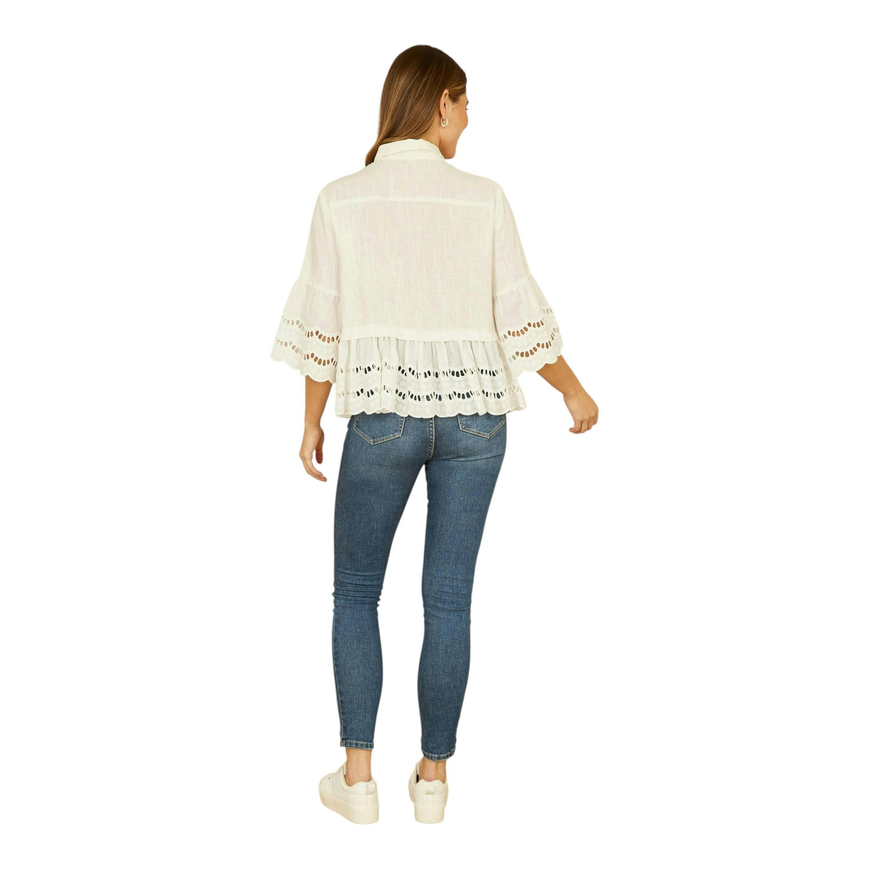 Yumi White Linen Relaxed Shirt With Scallop Trims , view 3 of 4
