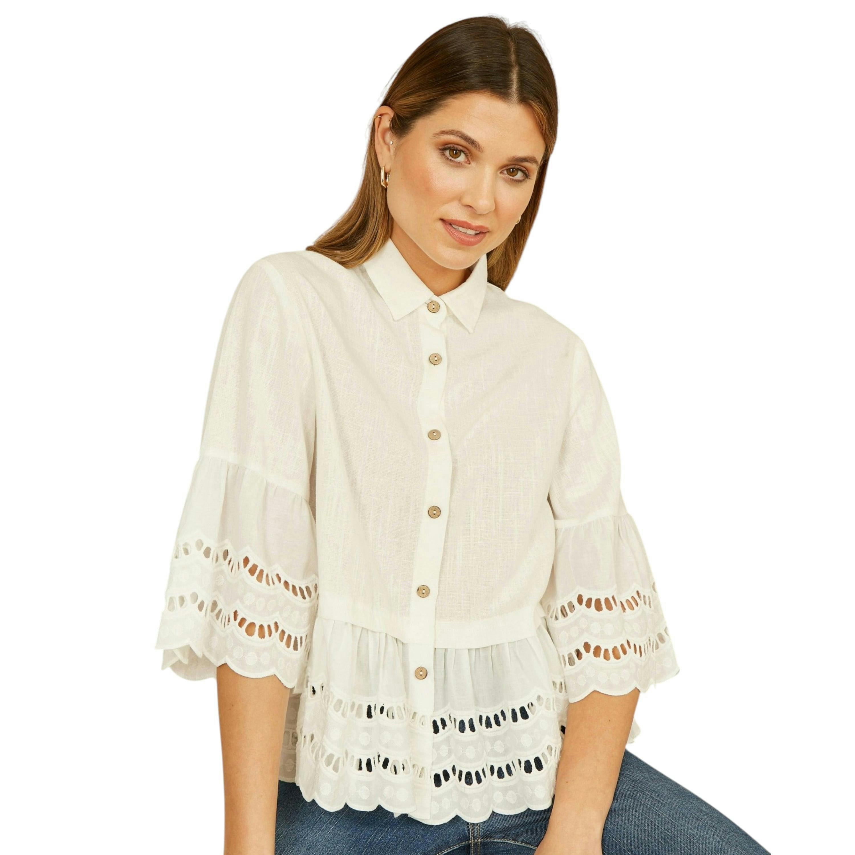 Yumi White Linen Relaxed Shirt With Scallop Trims , view 4 of 4