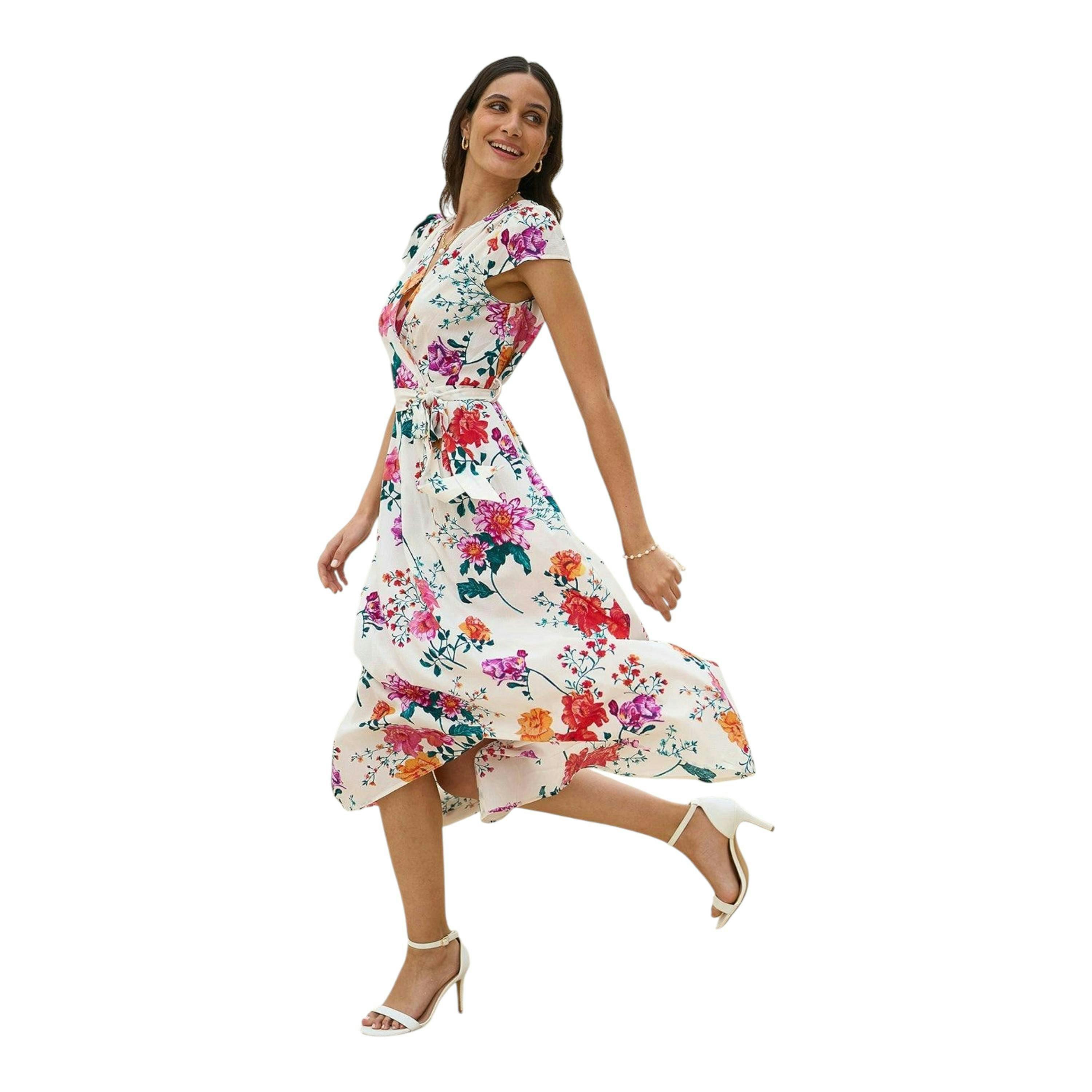 Yumi Ivory Flower Print Wrap Midi Dress , view 1 of 6