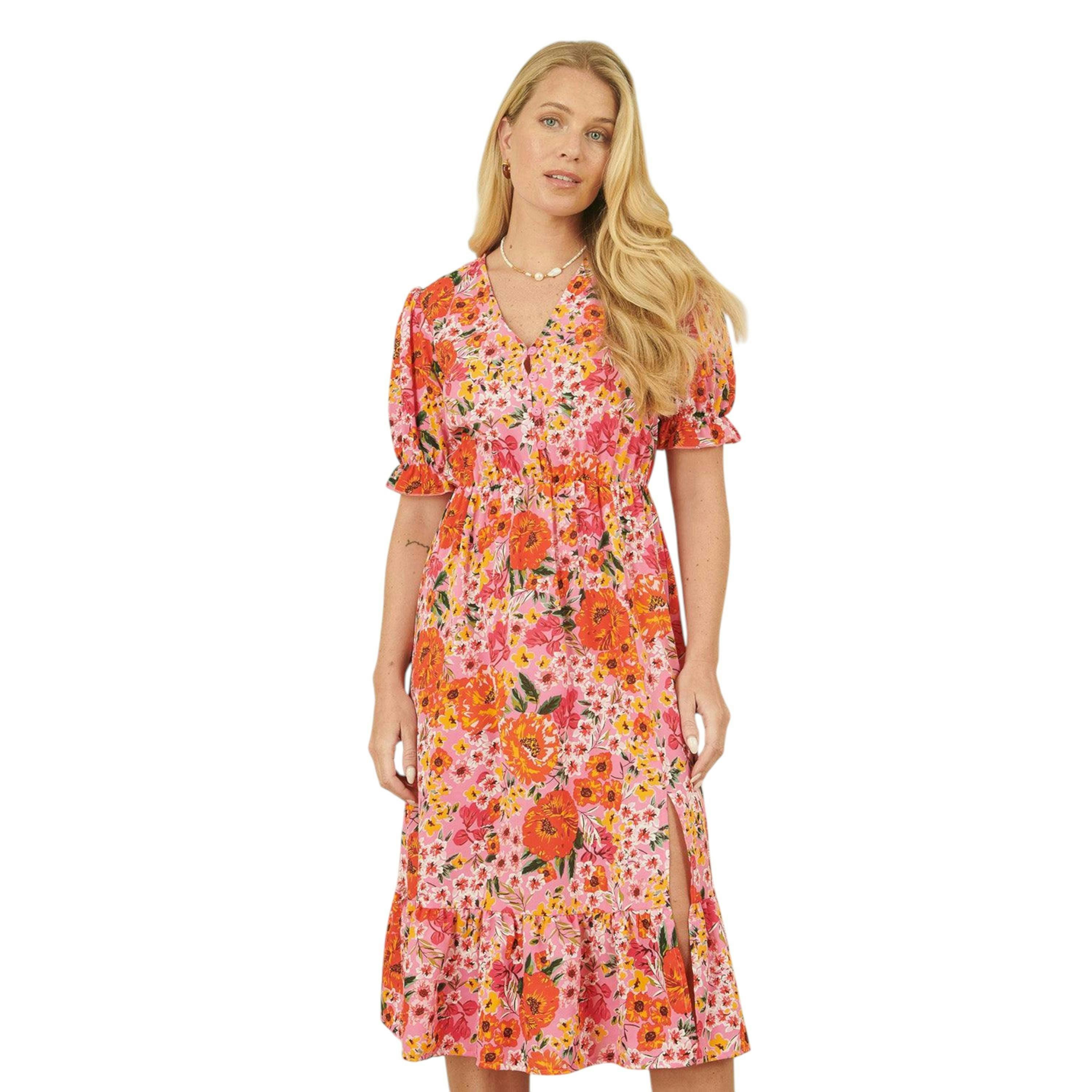 Yumi Pink Floral Midi Dress With Frill Hem and Puff Sleeves , view 1 of 4