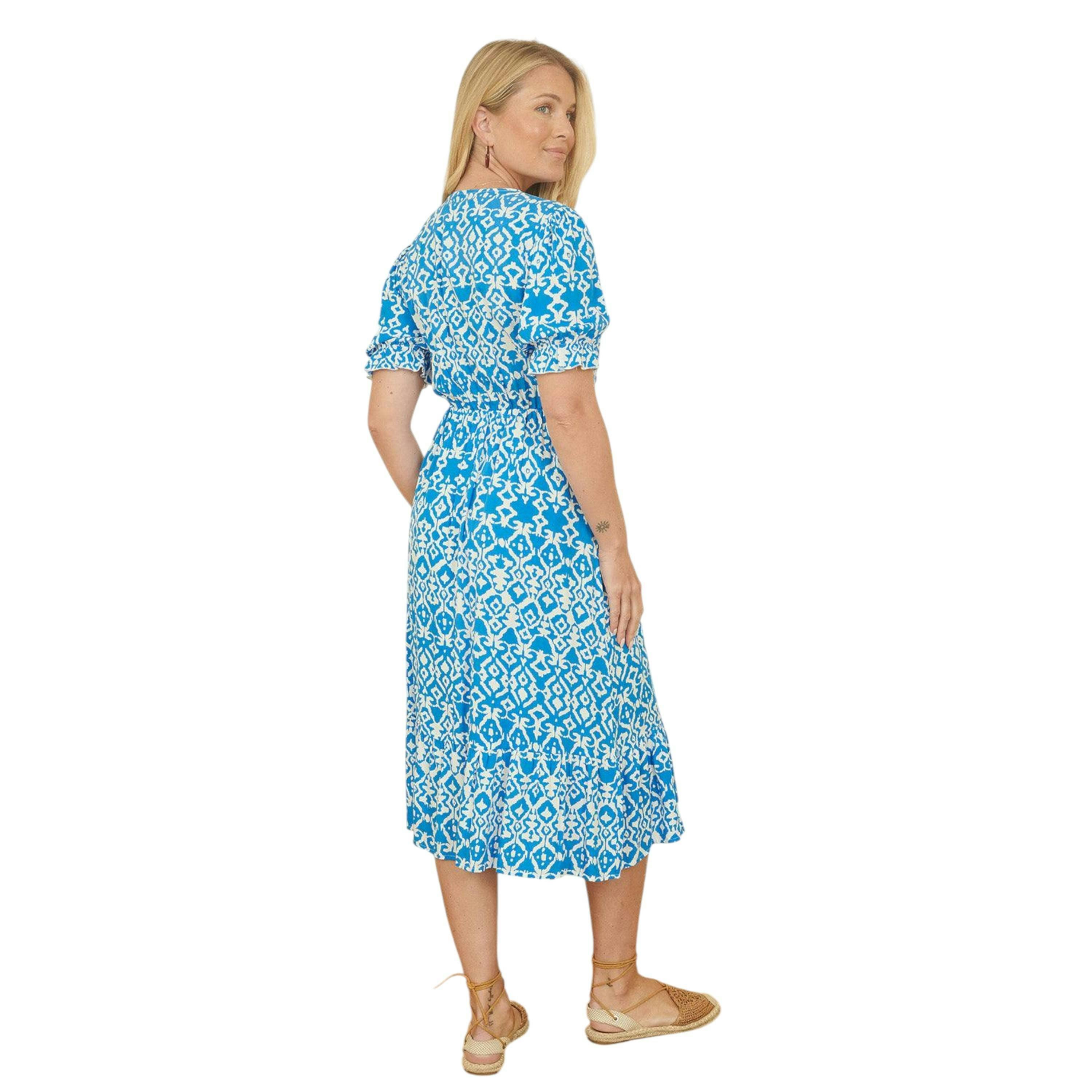 Yumi Blue Geo Print Puff Sleeve Midi Split Hemline , view 3 of 5
