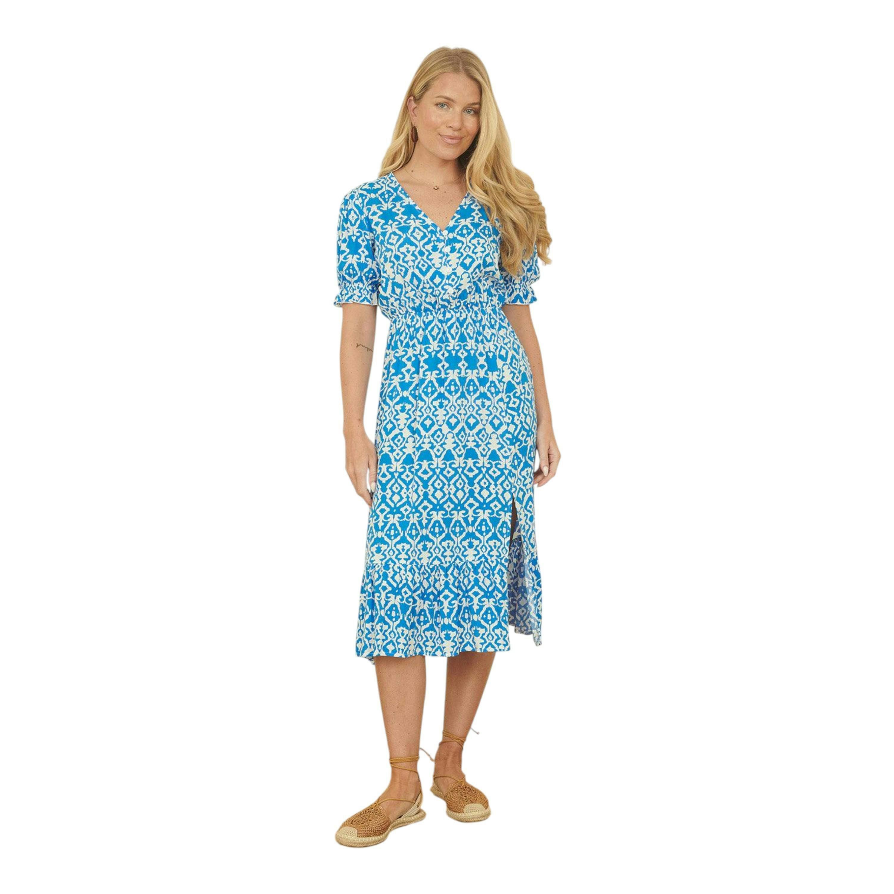 Yumi Blue Geo Print Puff Sleeve Midi Split Hemline , view 5 of 5