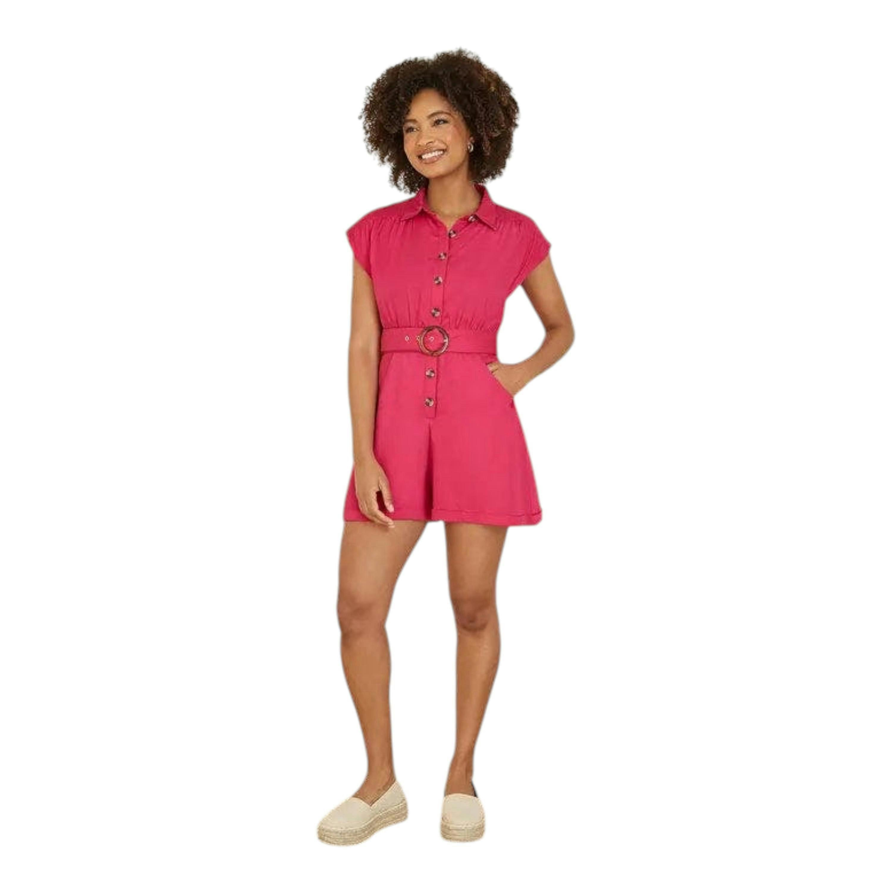 Yumi Pink Cotton Twill Button Up Playsuit With Matching Belt , view 2 of 4