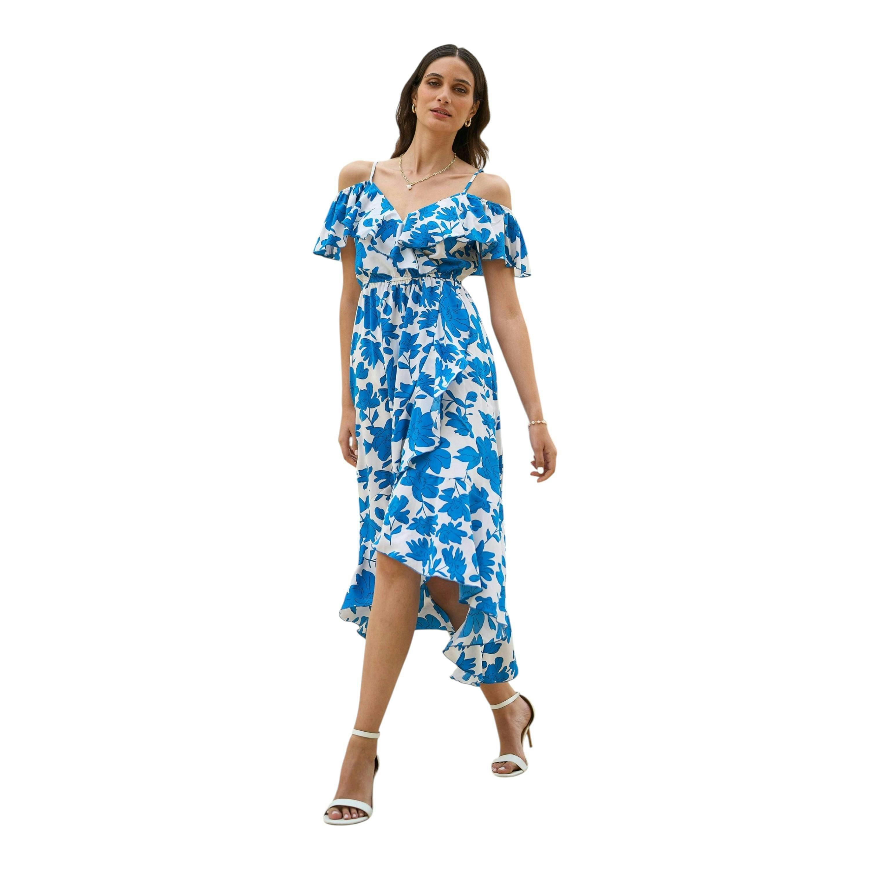 Yumi Blue Floral Print Bardot Midi Dress With Dip Hem , view 1 of 6