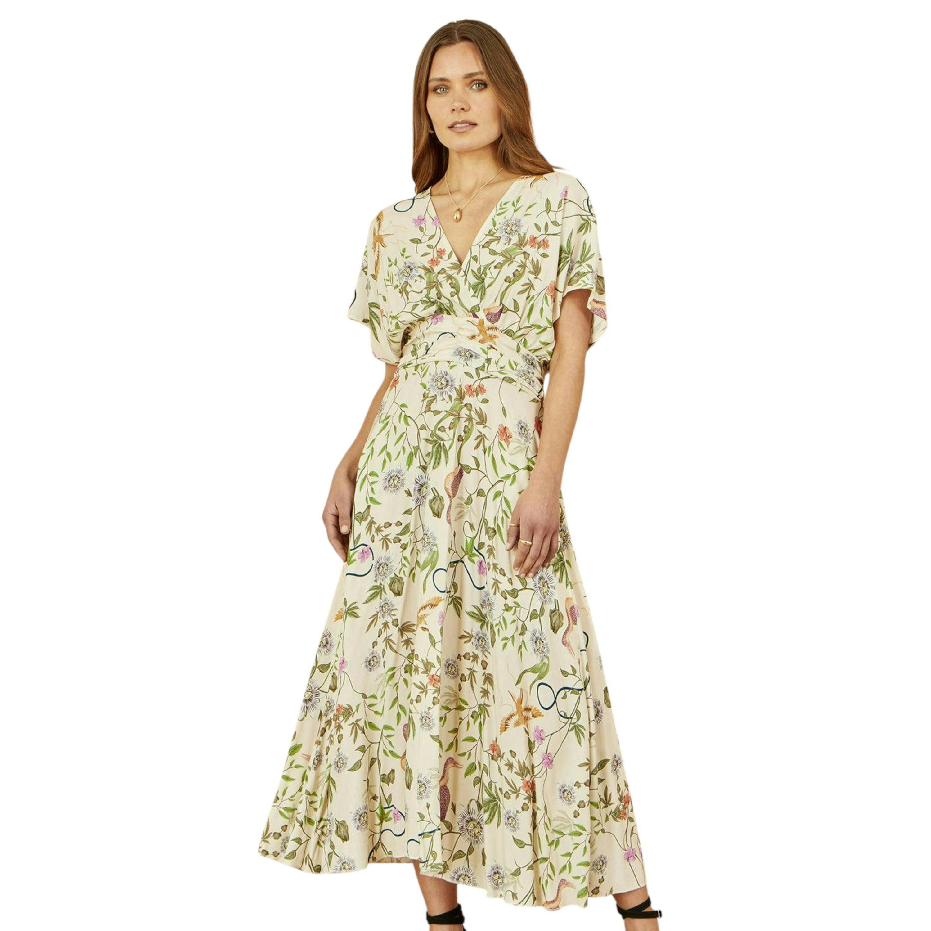 Yumi Ivory Floral Print Ruched Waist Midi Dress With Kimono Sleeves , view 1 of 4
