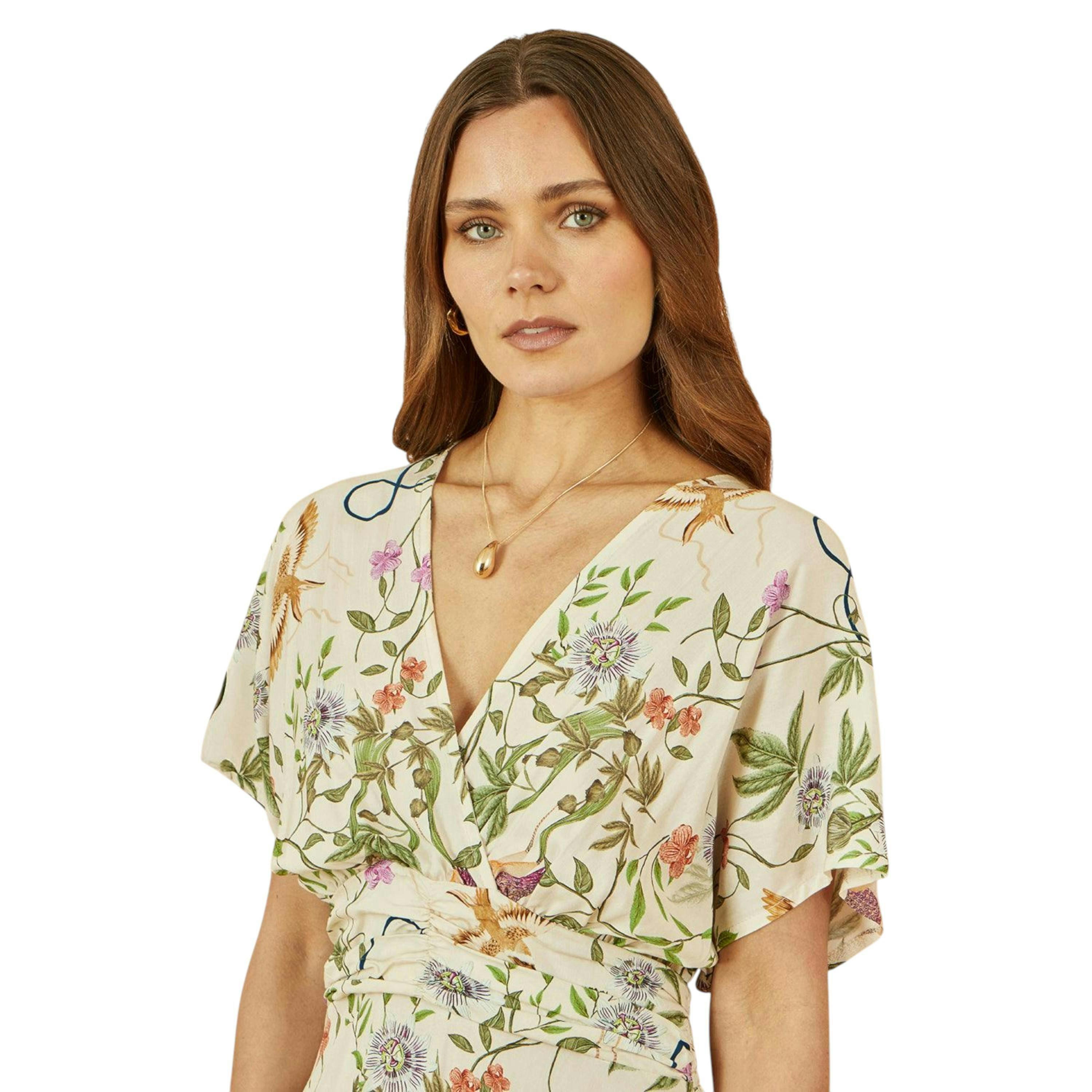 Yumi Ivory Floral Print Ruched Waist Midi Dress With Kimono Sleeves , view 2 of 4
