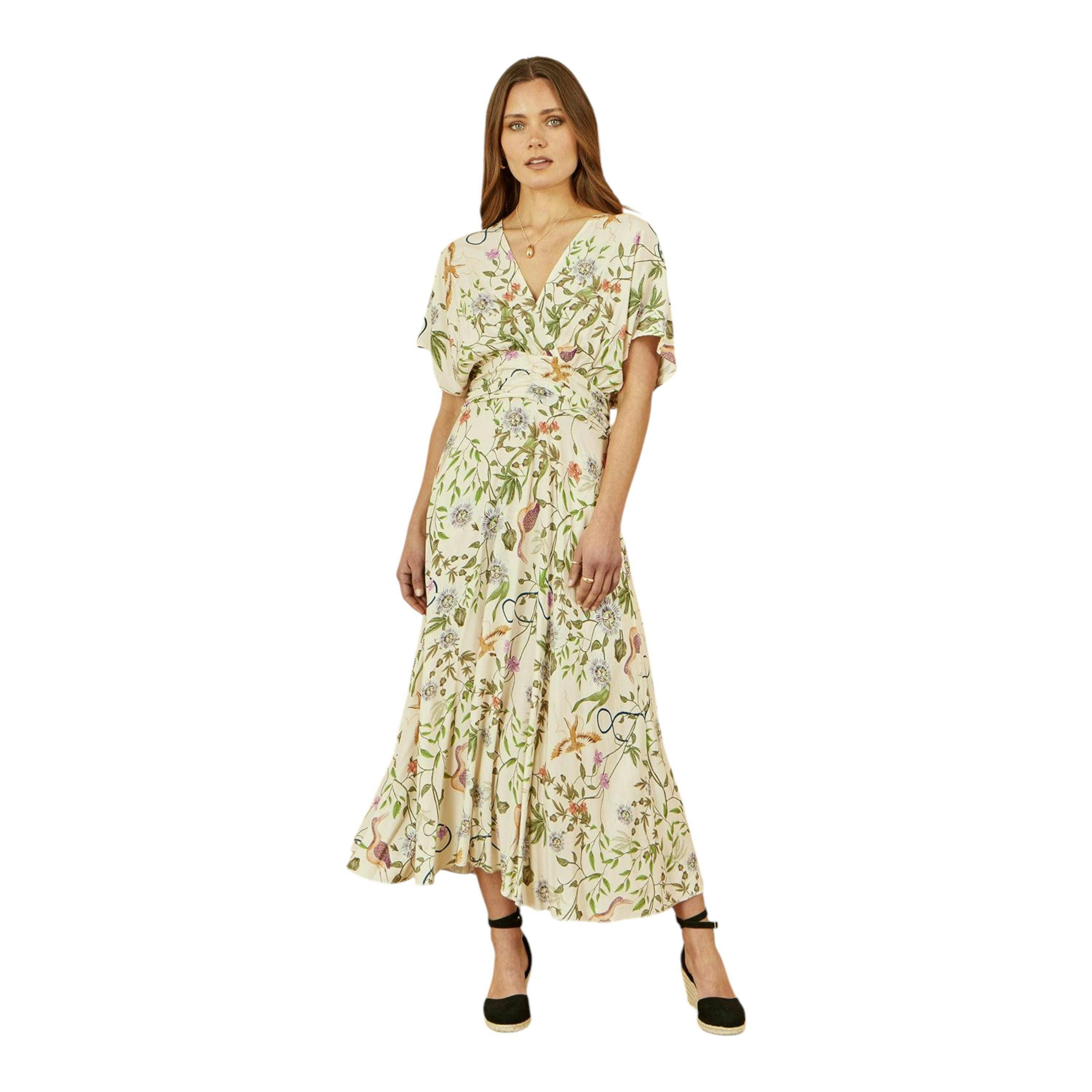 Yumi Ivory Floral Print Ruched Waist Midi Dress With Kimono Sleeves , view 3 of 4