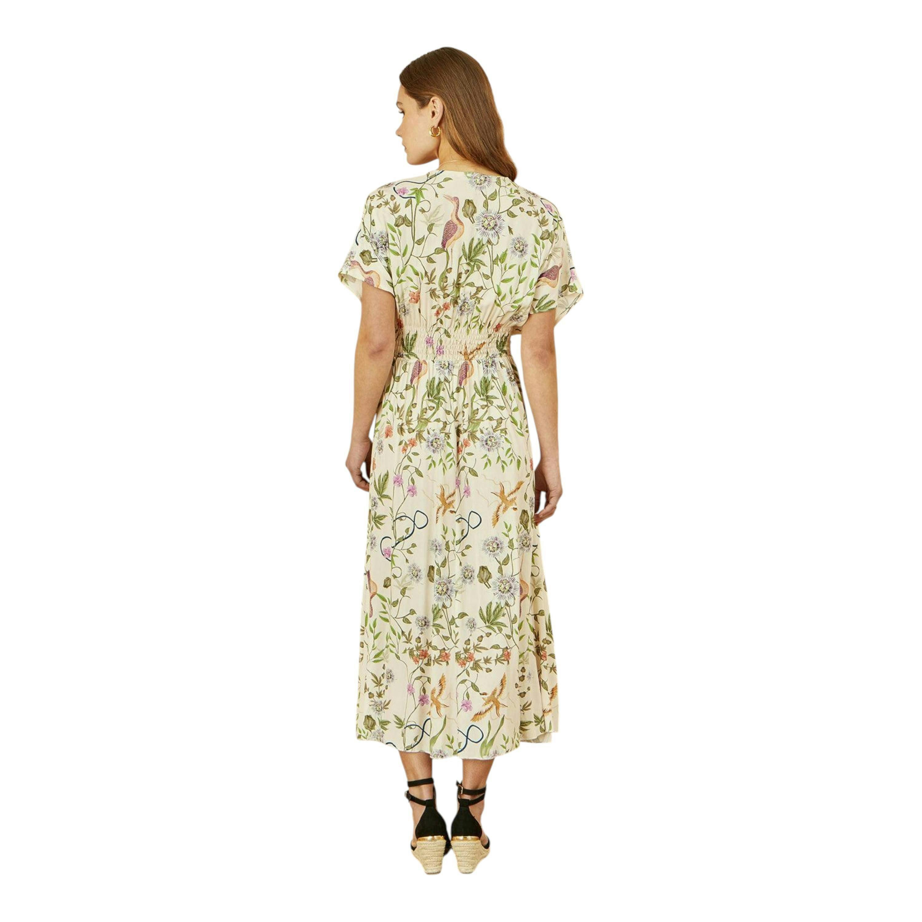 Yumi Ivory Floral Print Ruched Waist Midi Dress With Kimono Sleeves , view 4 of 4