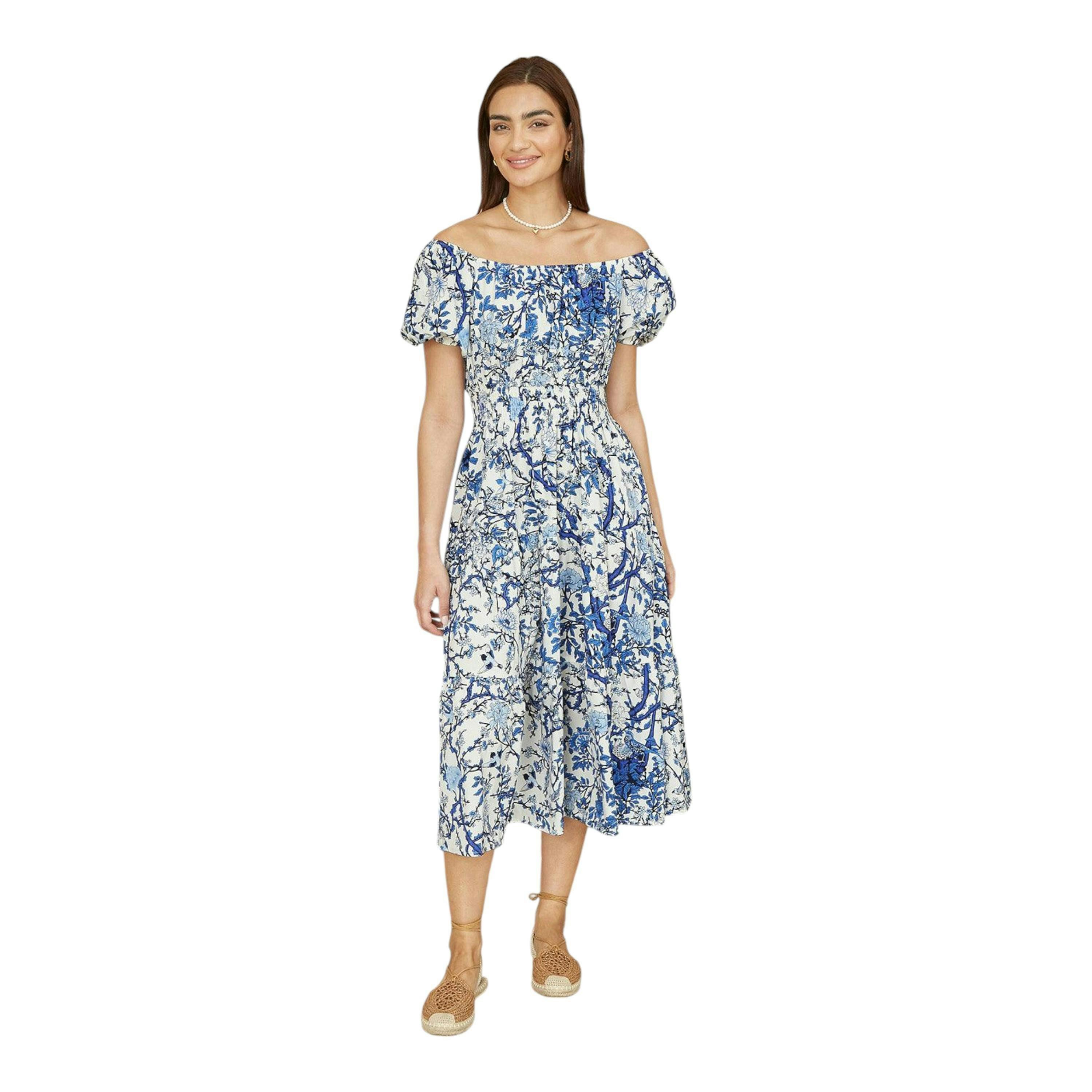 Yumi Blue Ruched Waist Bardot Blossom Tree Print Midi Dress , view 1 of 5