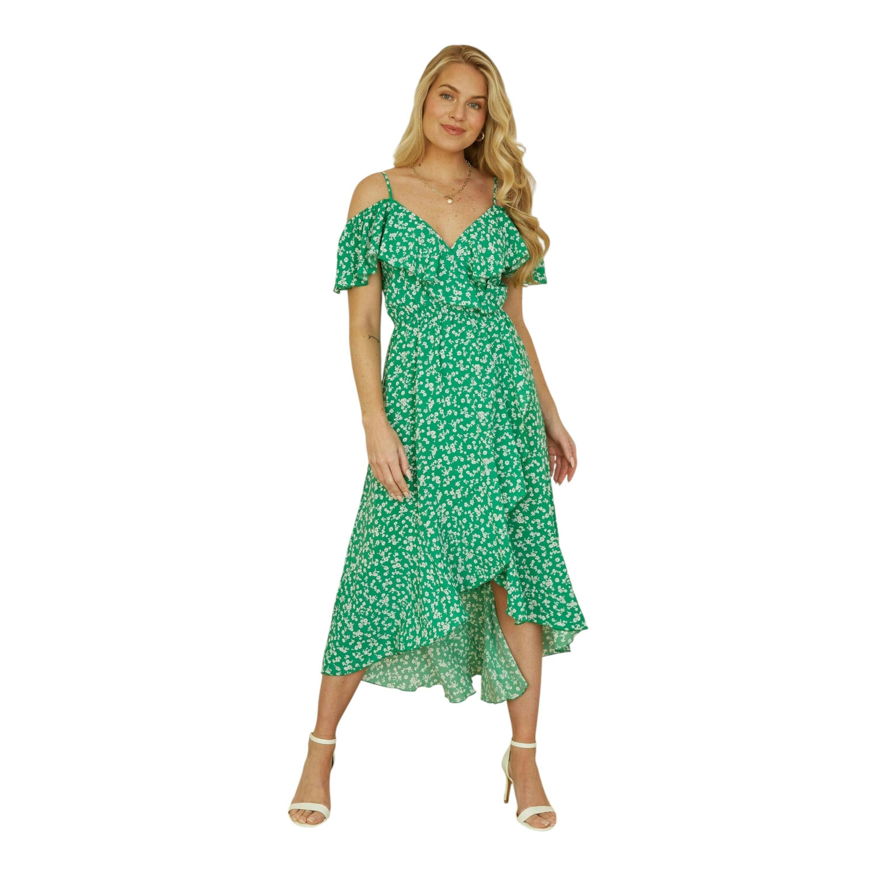 Yumi Green Ditsy Print Bardot Midi Dress With Dip Hem , view 1 of 2