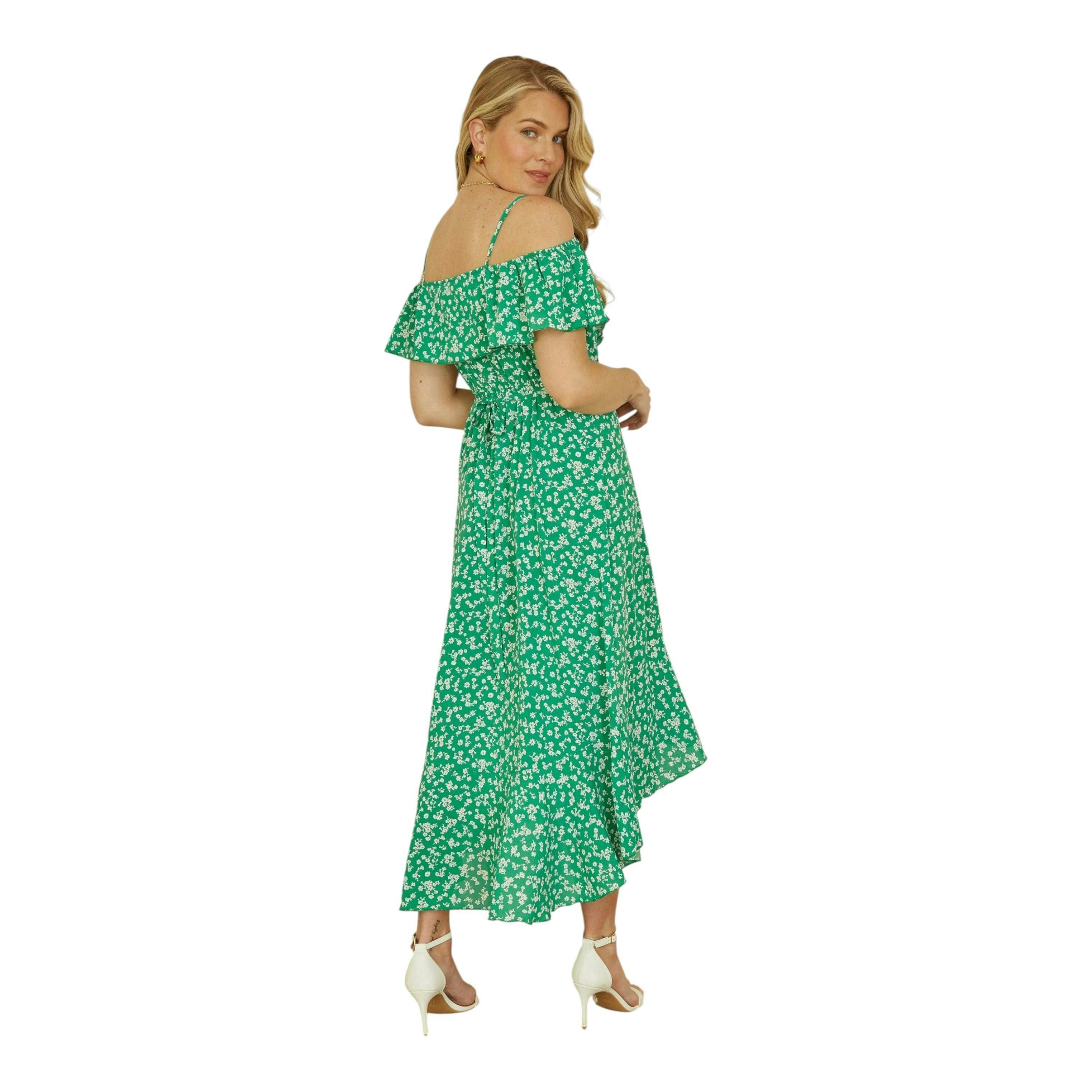 Yumi Green Ditsy Print Bardot Midi Dress With Dip Hem , view 2 of 2