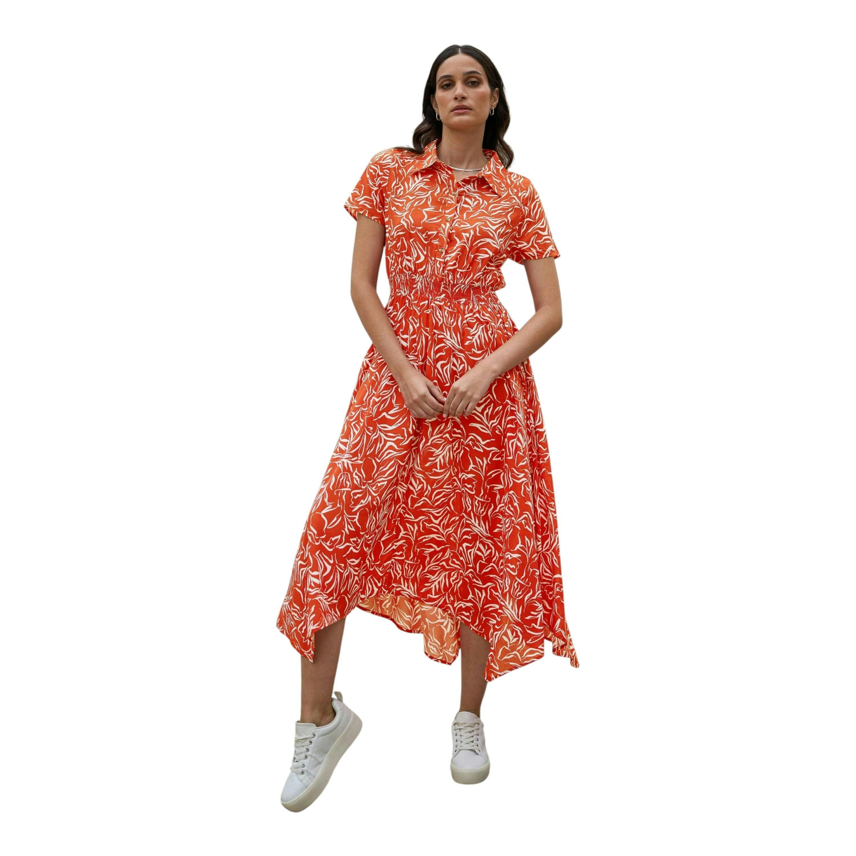 Yumi Coral Tropical Leaf print Midi Ruched Shirt Dress , view 1 of 5