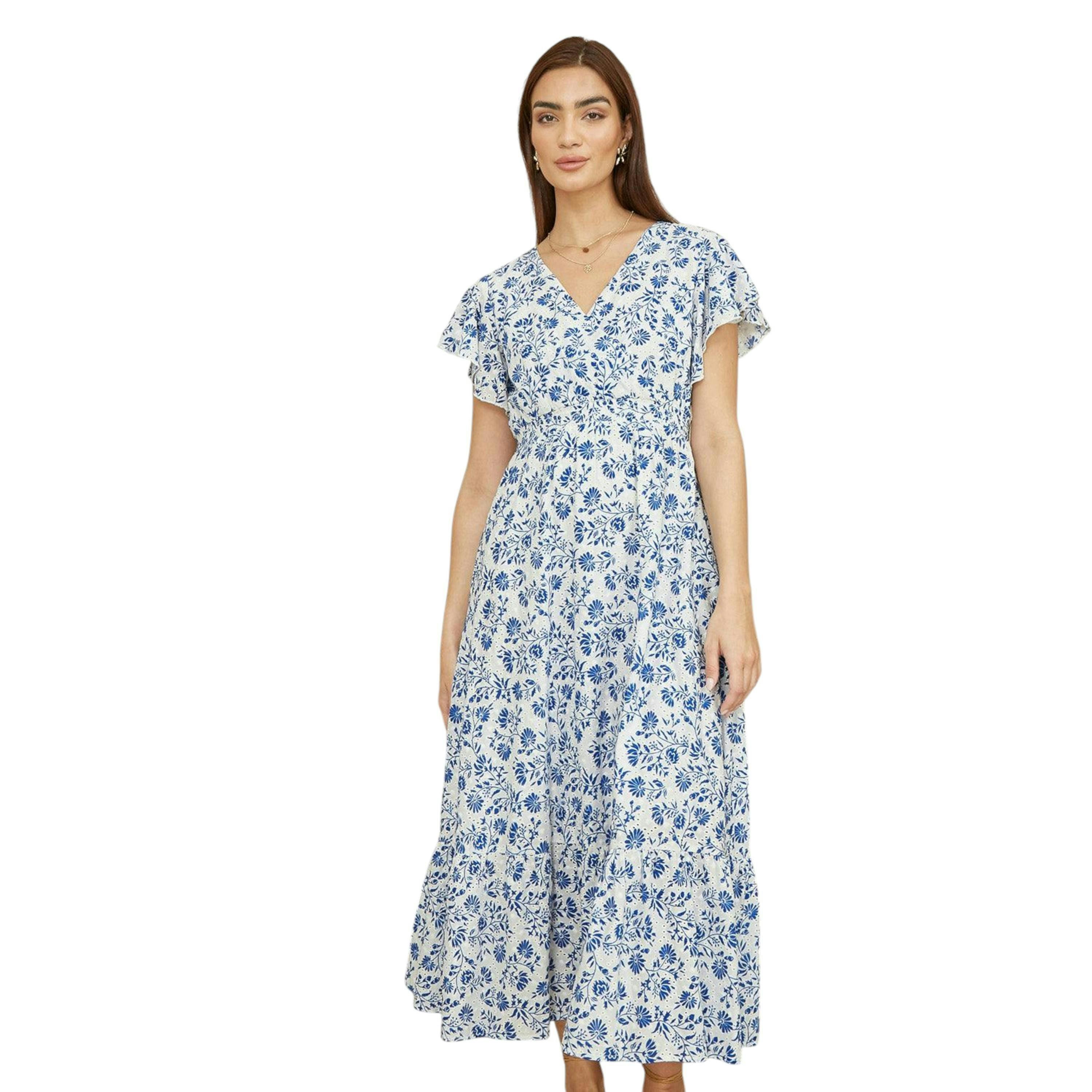 Yumi Blue Floral Printed Broderie Anglaise Ruched Waist Midi Dress , view 1 of 5