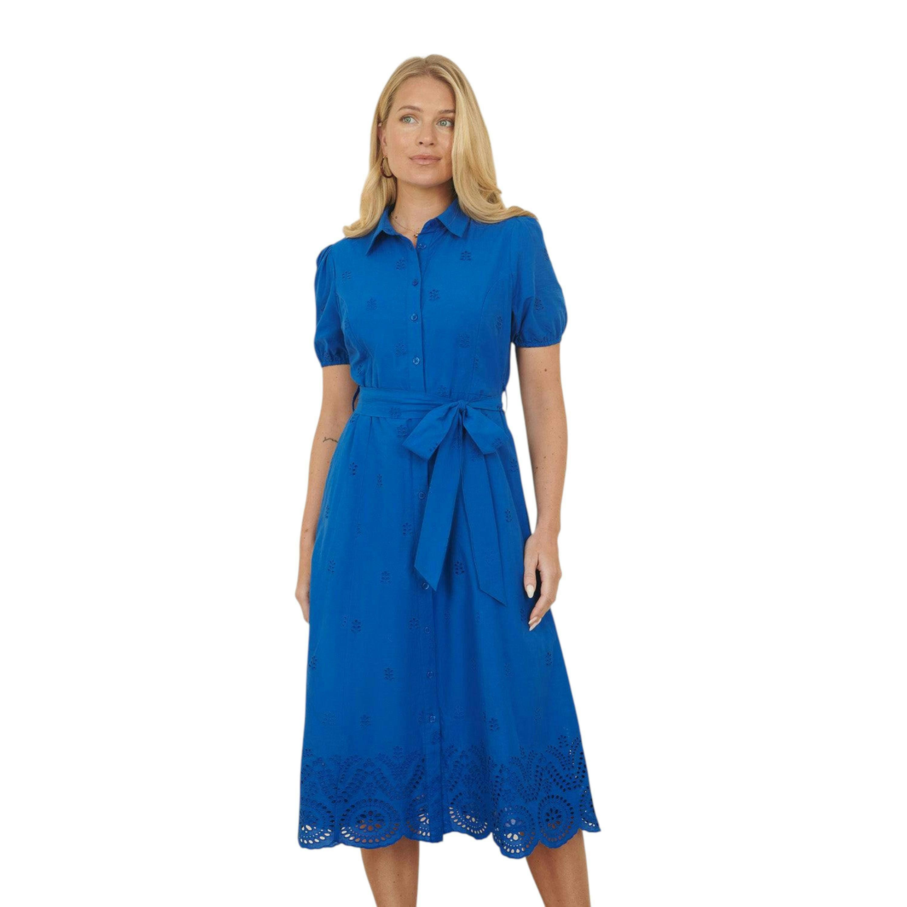 Yumi Blue Cotton Shirt Midi Dress With Cut Out Details , view 1 of 6