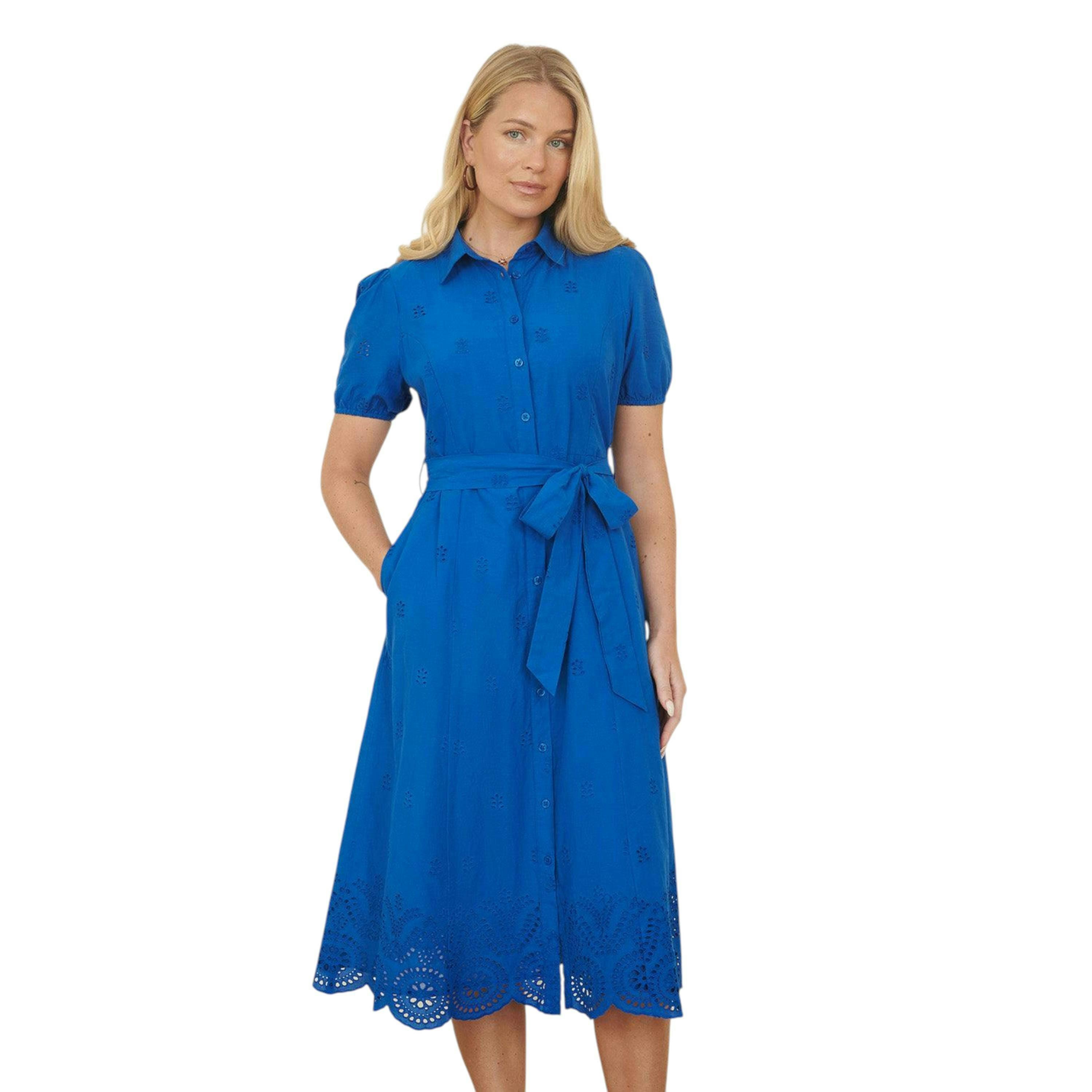 Yumi Blue Cotton Shirt Midi Dress With Cut Out Details , view 3 of 6