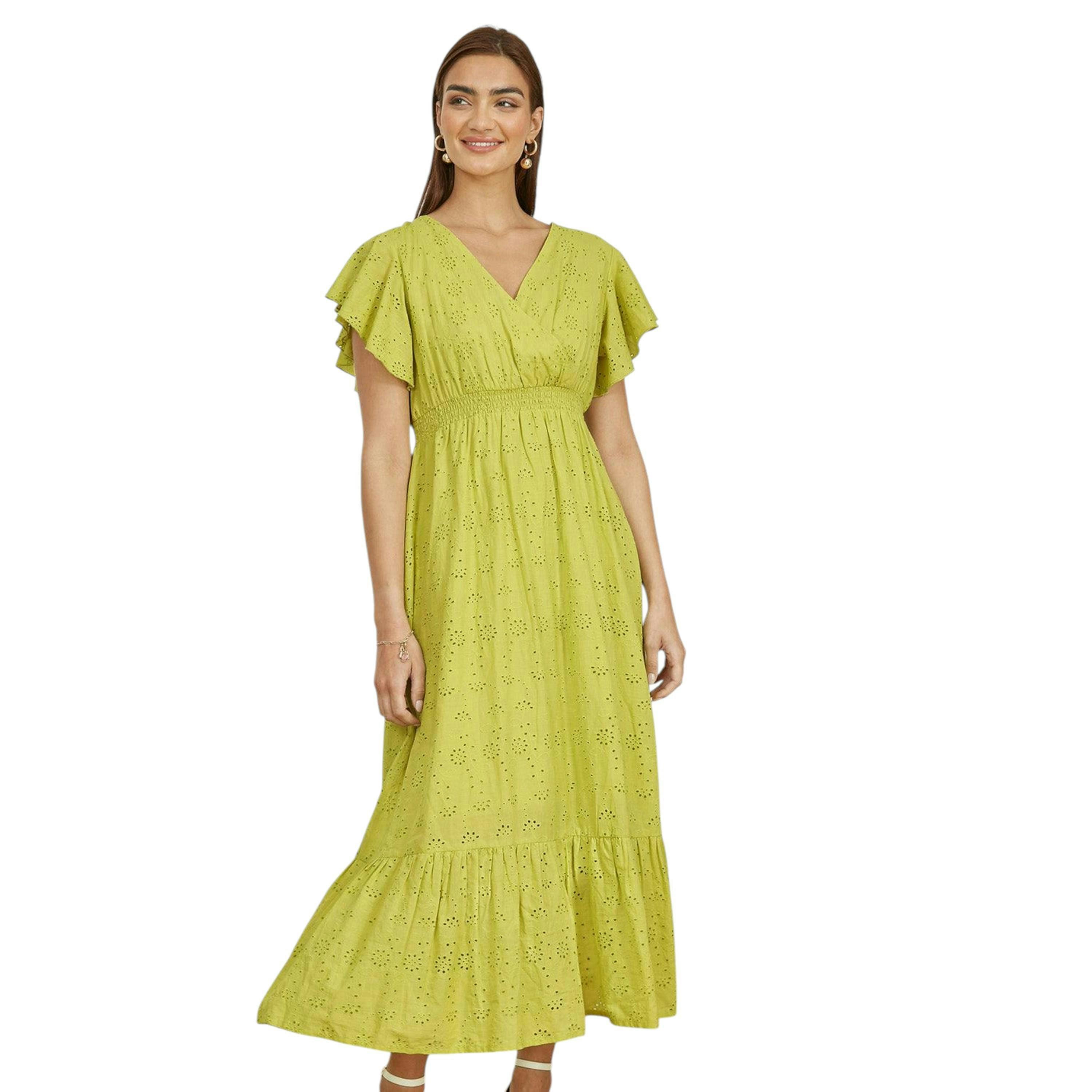 Yumi Lime Cotton Broderie Anglaise Wrap Midi Dress , view 1 of 5