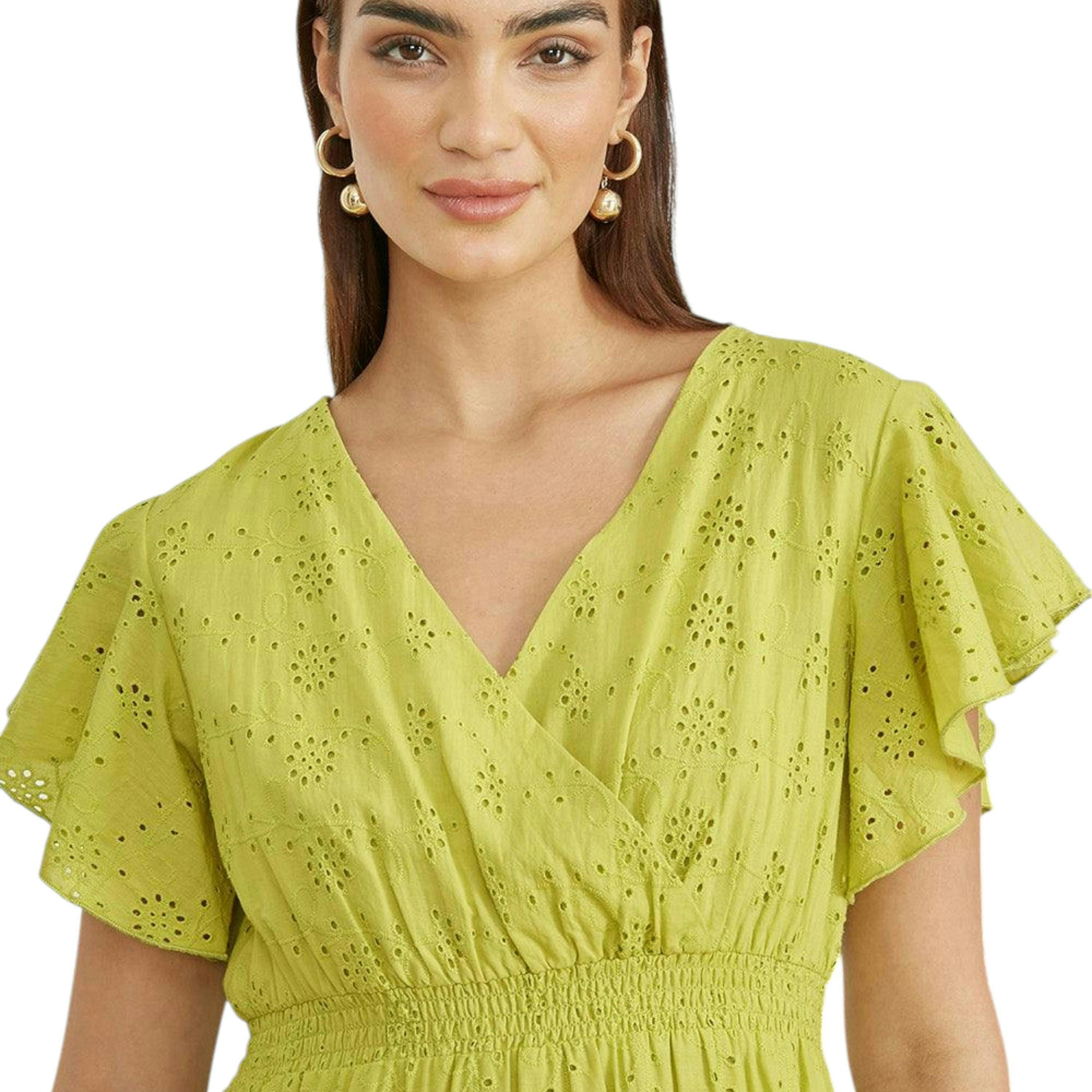 Yumi Lime Cotton Broderie Anglaise Wrap Midi Dress , view 2 of 5