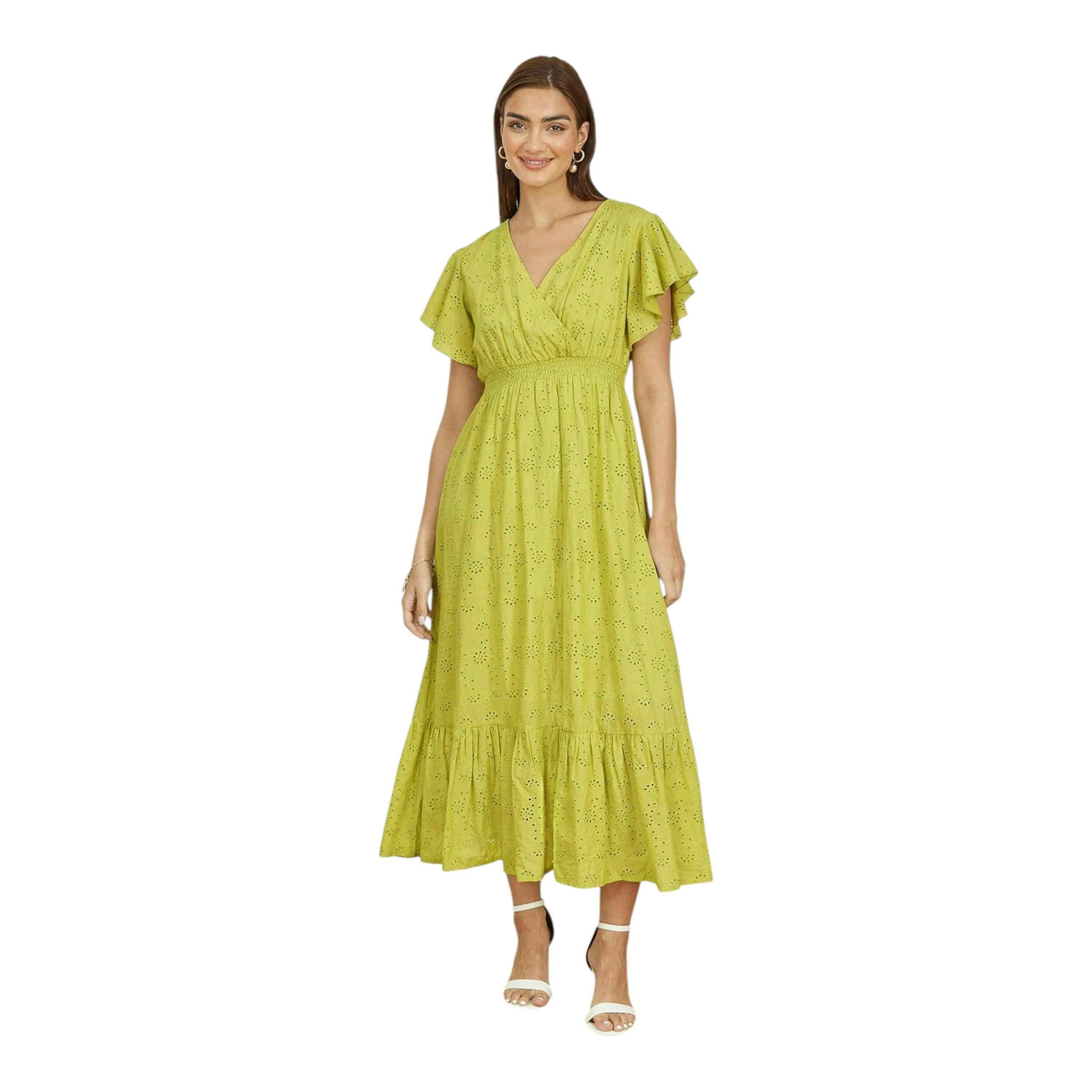 Yumi Lime Cotton Broderie Anglaise Wrap Midi Dress , view 4 of 5