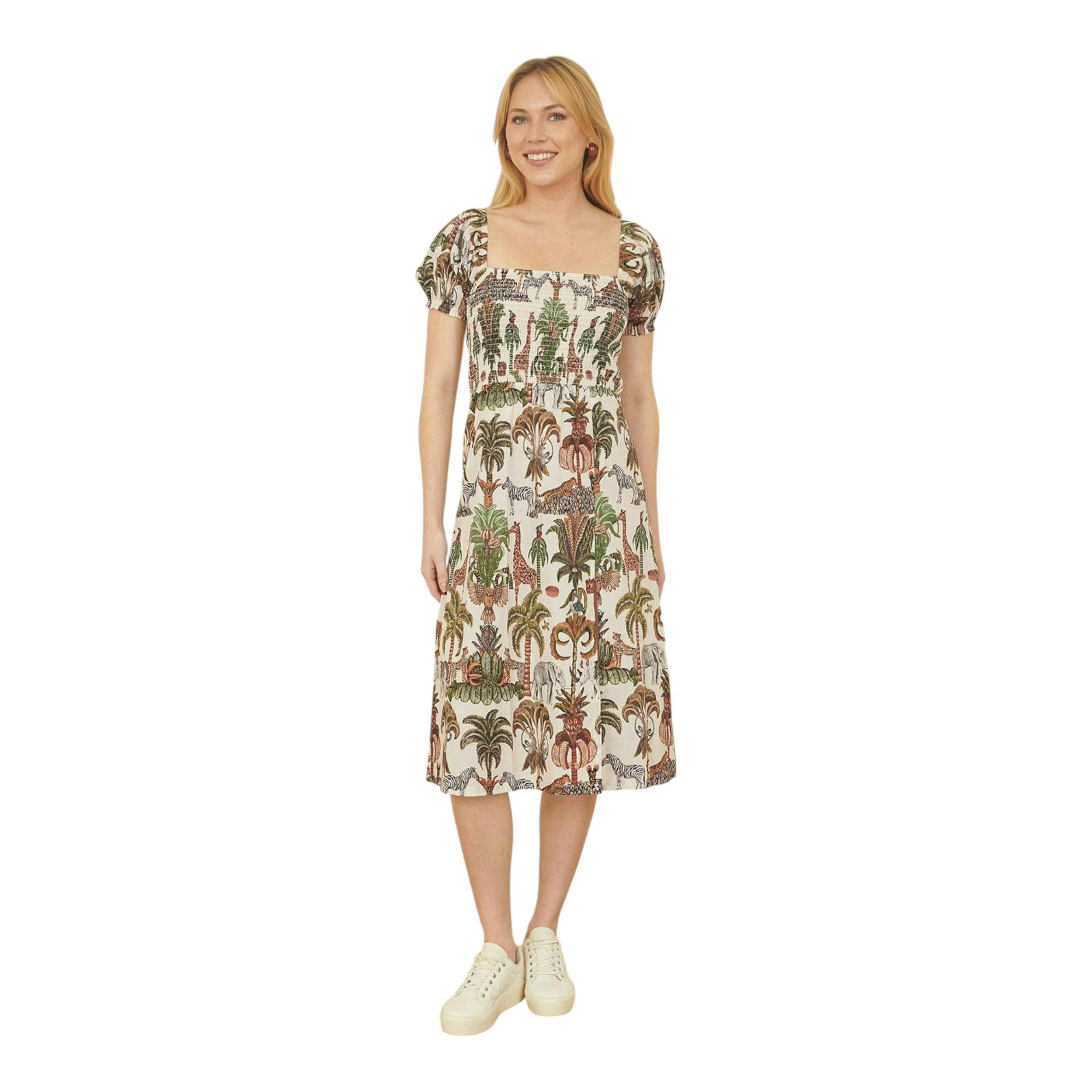 Yumi White Cotton Safari Print Ruched Midi Dress , view 1 of 4